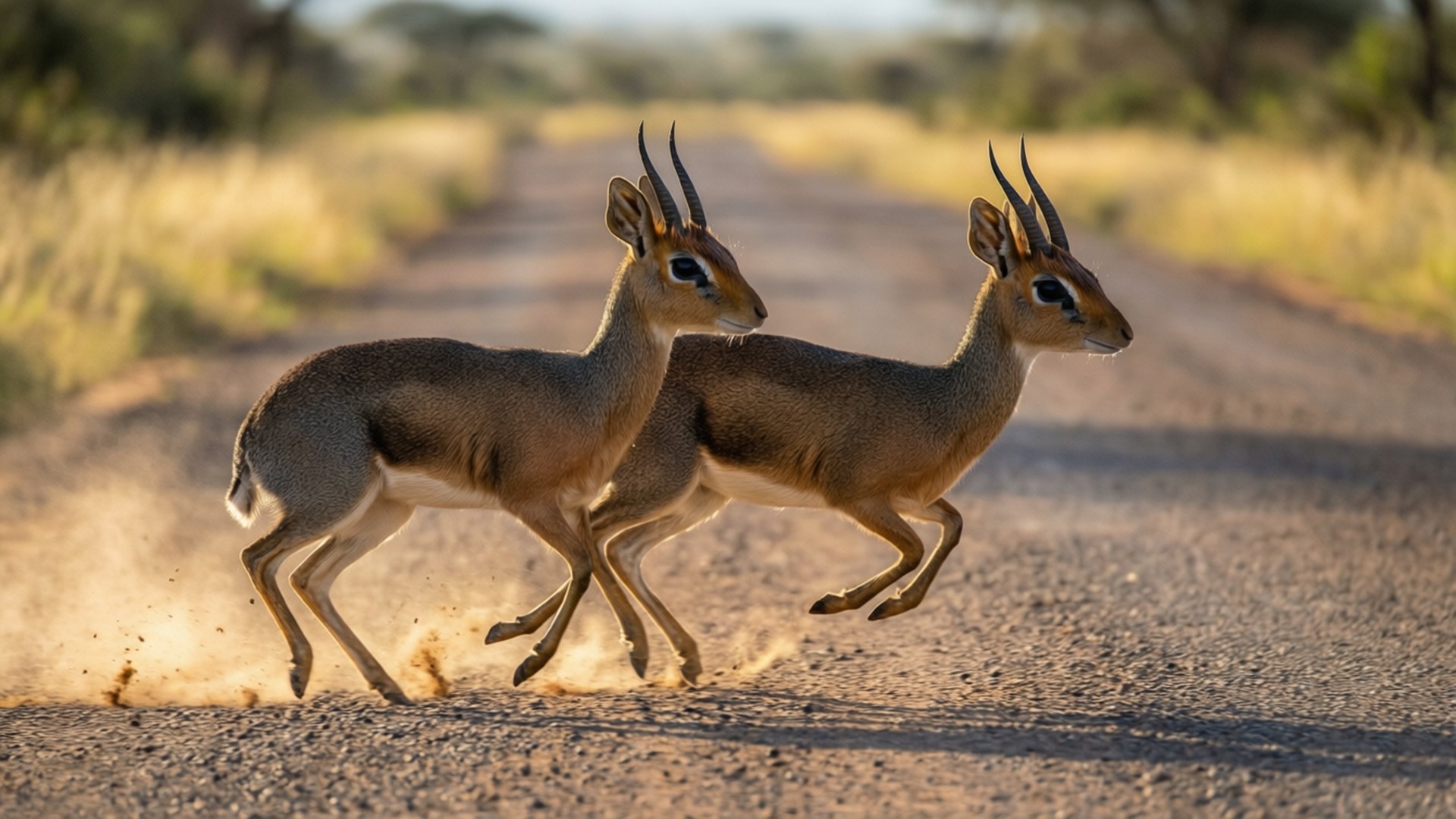 dik-diks, dusk, dusty savanna road, Full HD Desktop Wallpaper