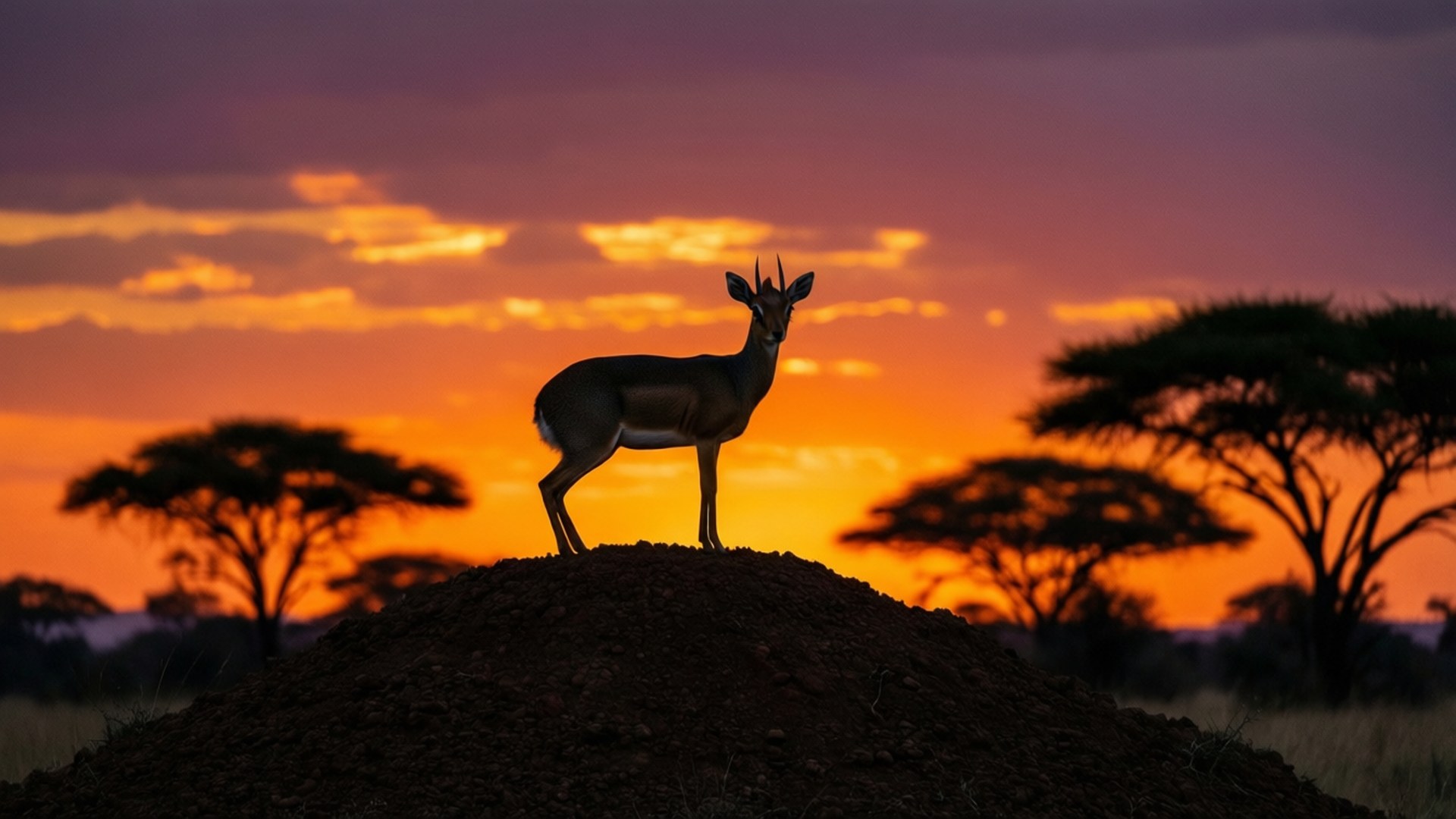 sunset, silhouette, dik-dik, Full HD Desktop Wallpaper