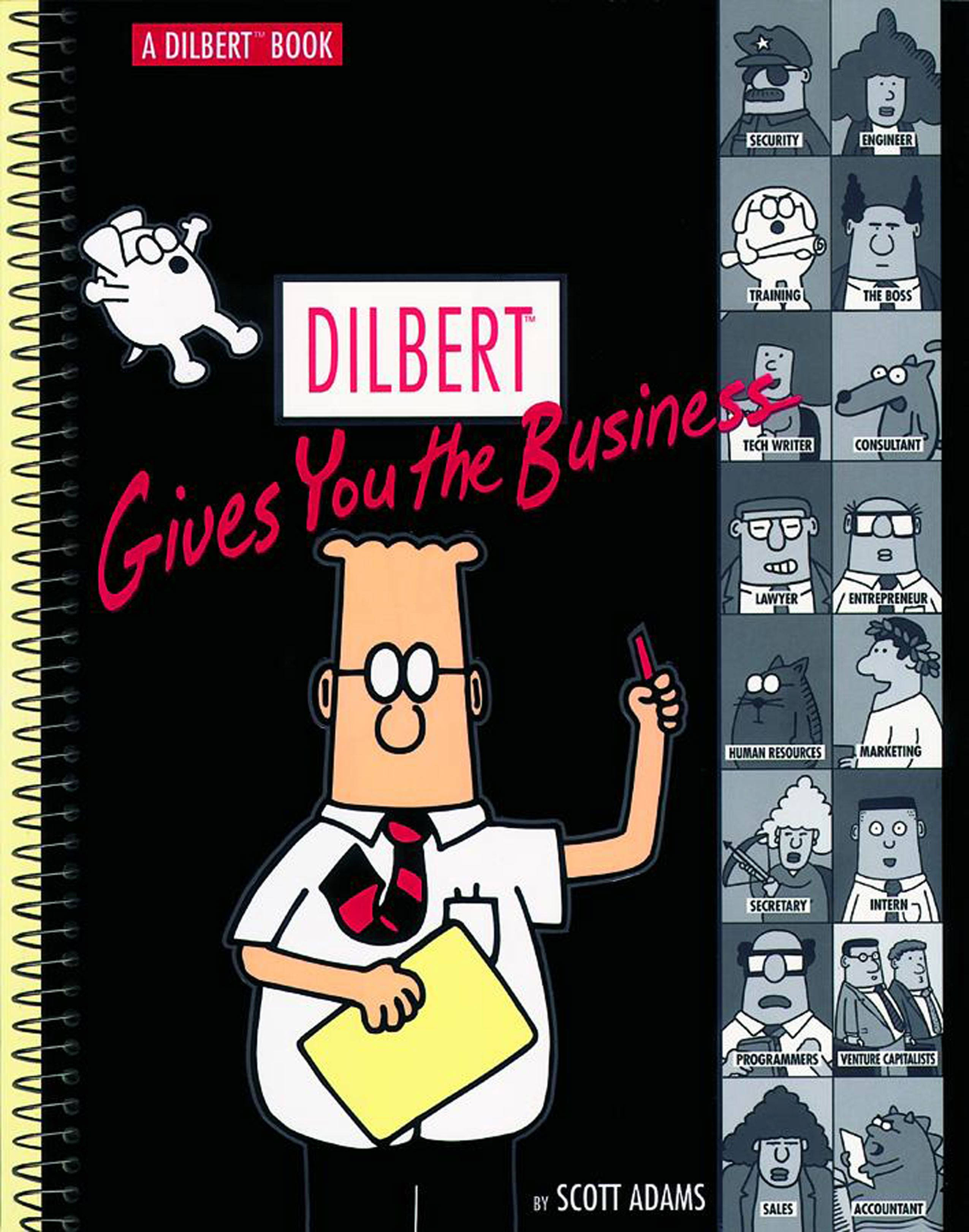 Dilbert, yellow folder, grid of office worker caricatures, 2K Phone Wallpaper