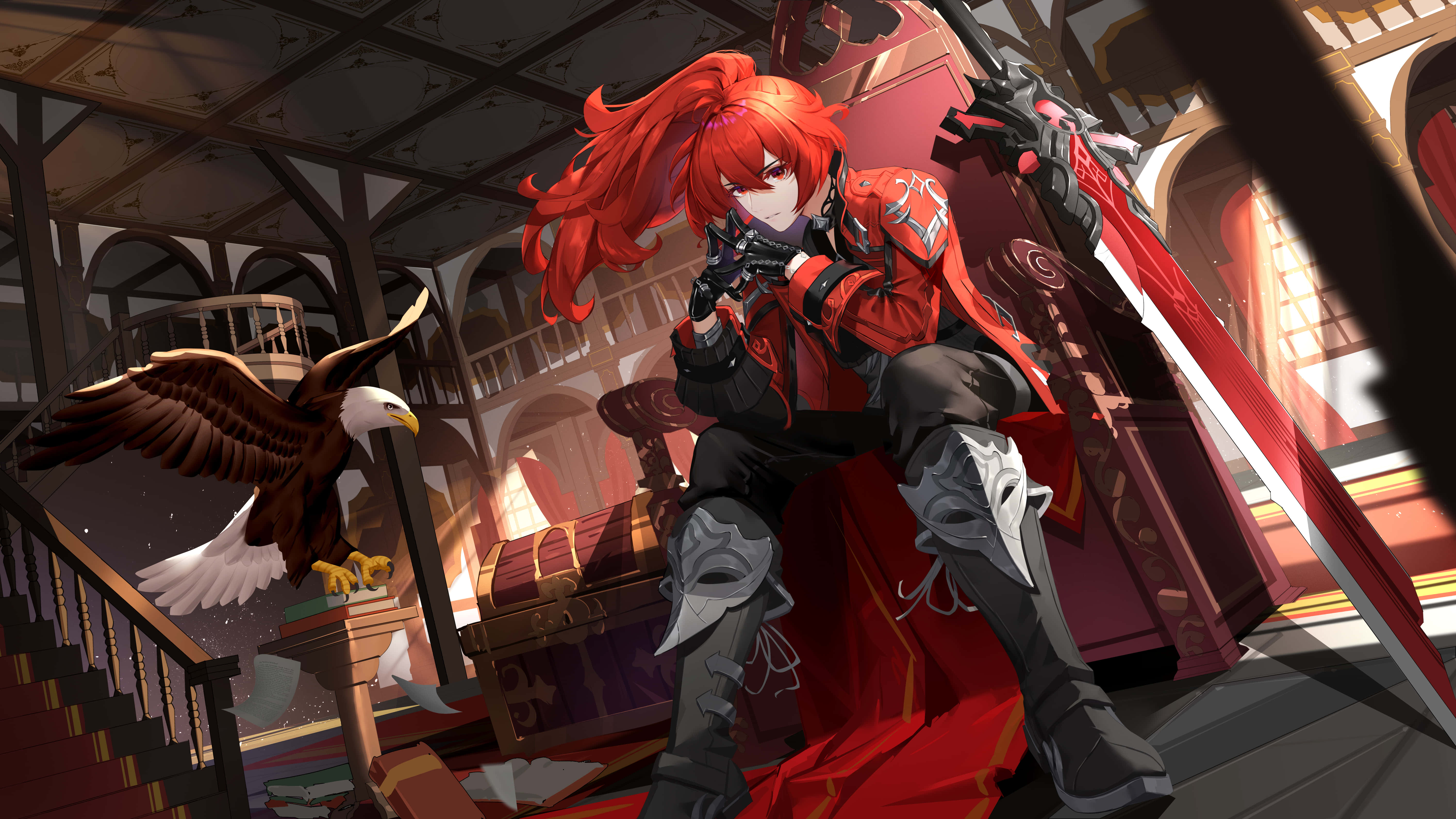 Diluc, red-haired anime warrior, red armor, 5K Desktop Wallpaper