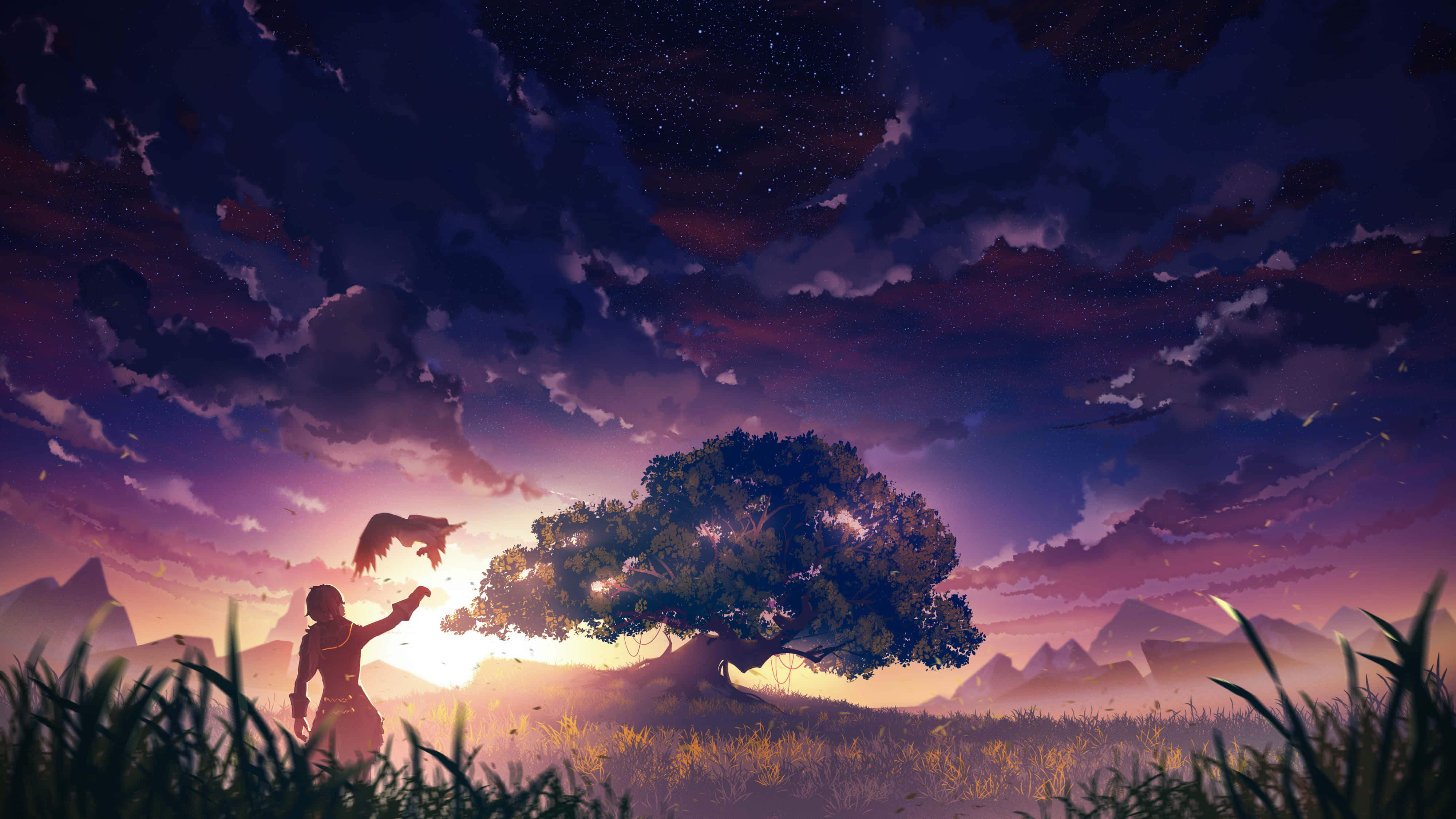 Diluc, starry twilight sky, glowing tree, 4K Desktop Wallpaper