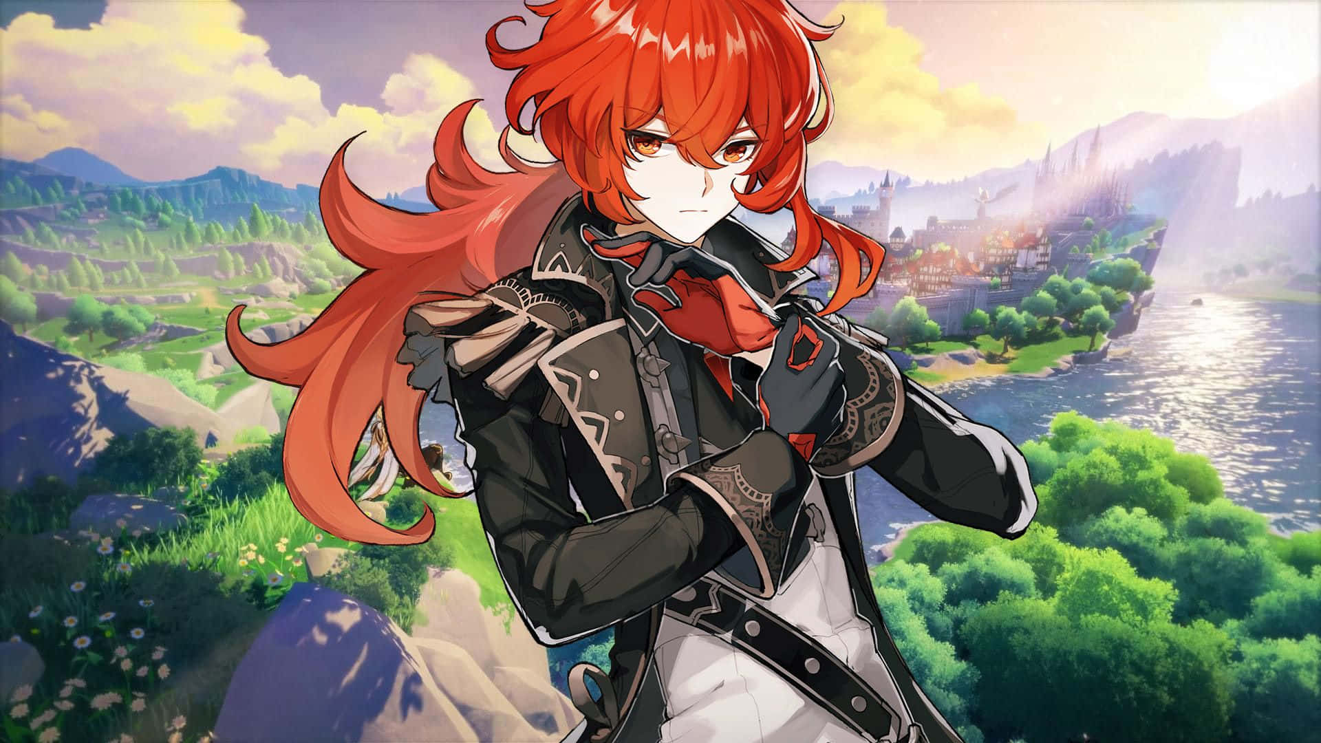 Diluc, desert temple, fiery-haired anime character, Full HD Desktop Wallpaper