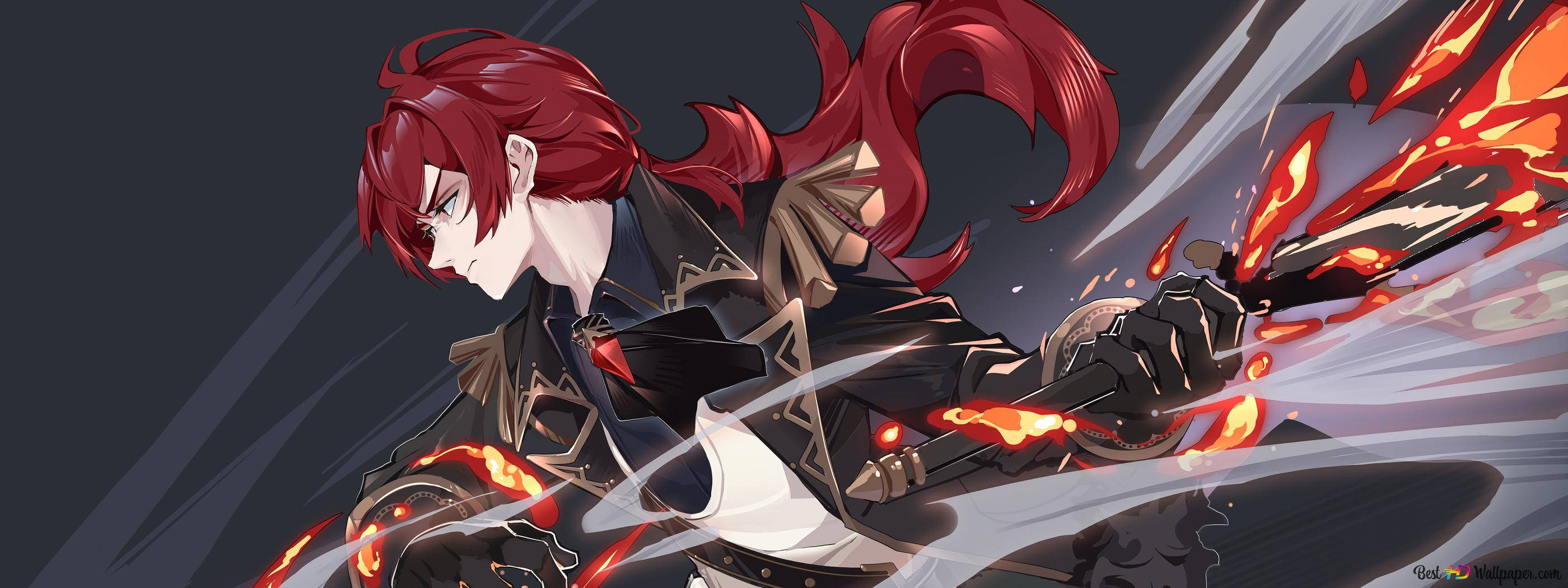 Diluc, flaming sword, red-haired anime warrior, 2K Desktop Wallpaper