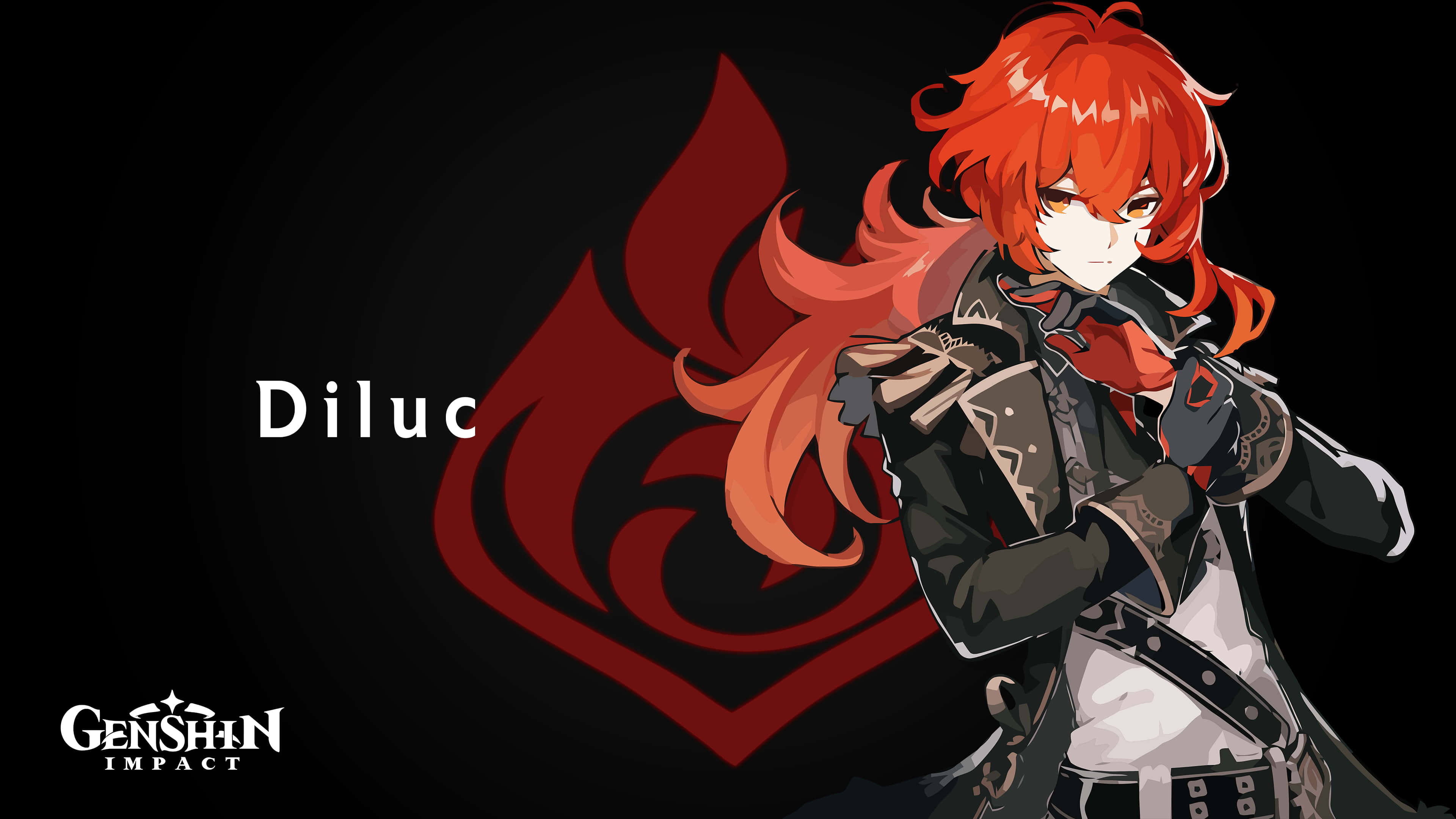 Diluc, fiery-haired anime character, dark armor, 4K Desktop Wallpaper