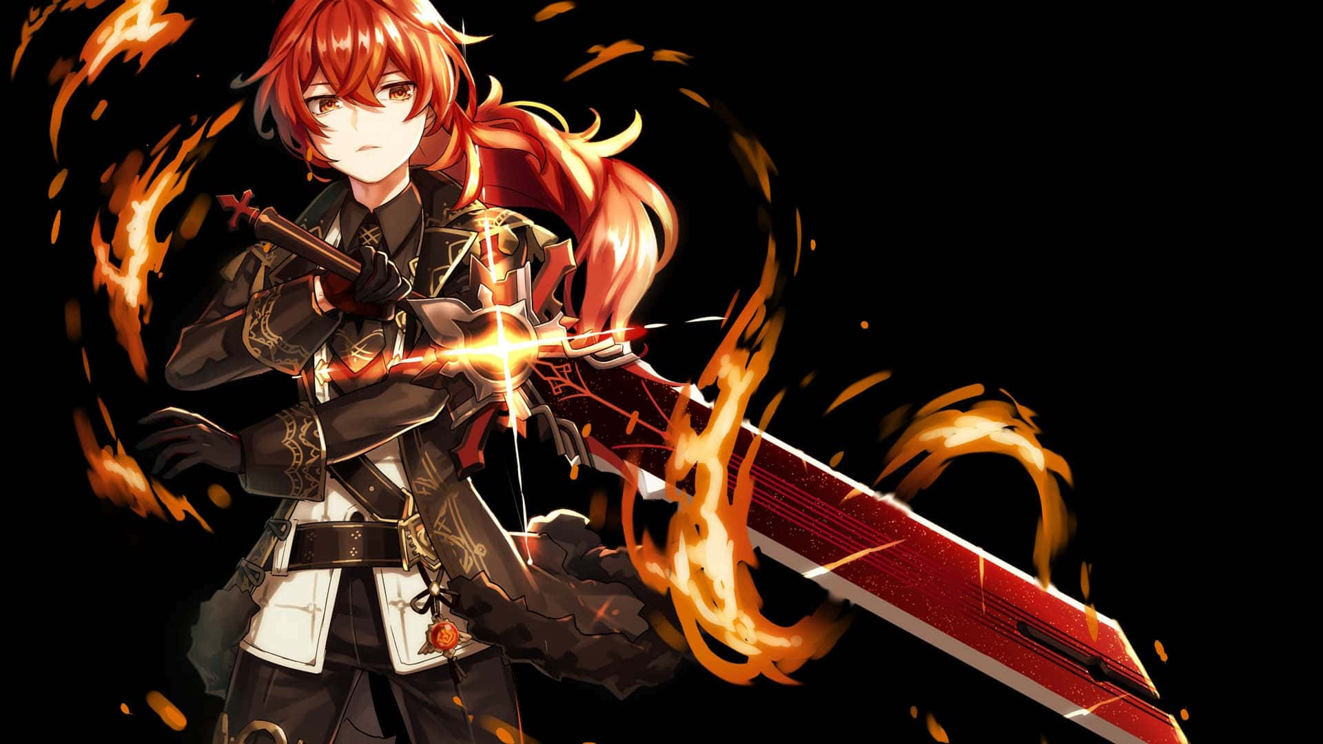 Diluc, fiery-haired, anime warrior, Full HD Desktop Wallpaper