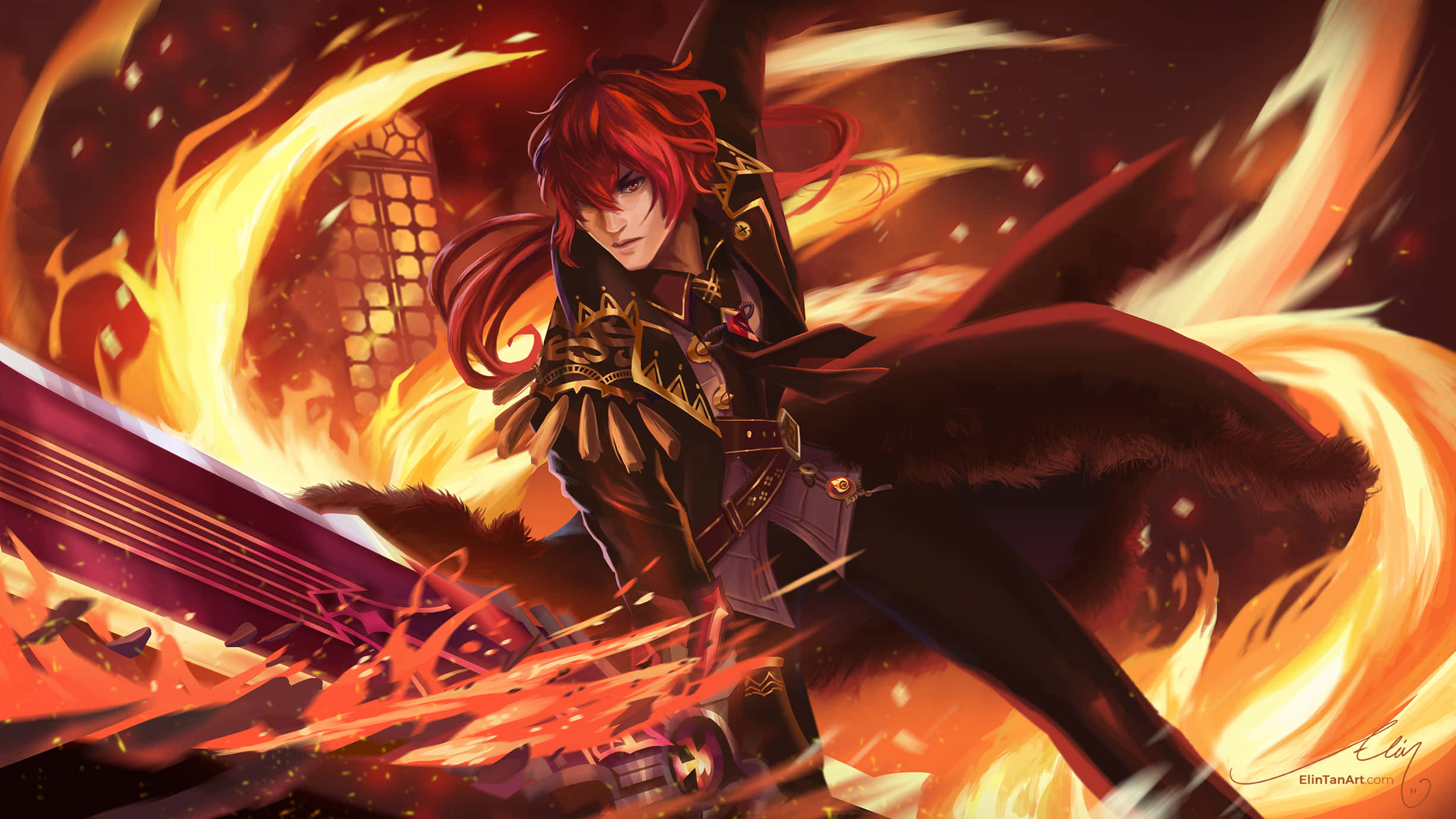 Diluc, red hair, glowing sword, Full HD Desktop Wallpaper
