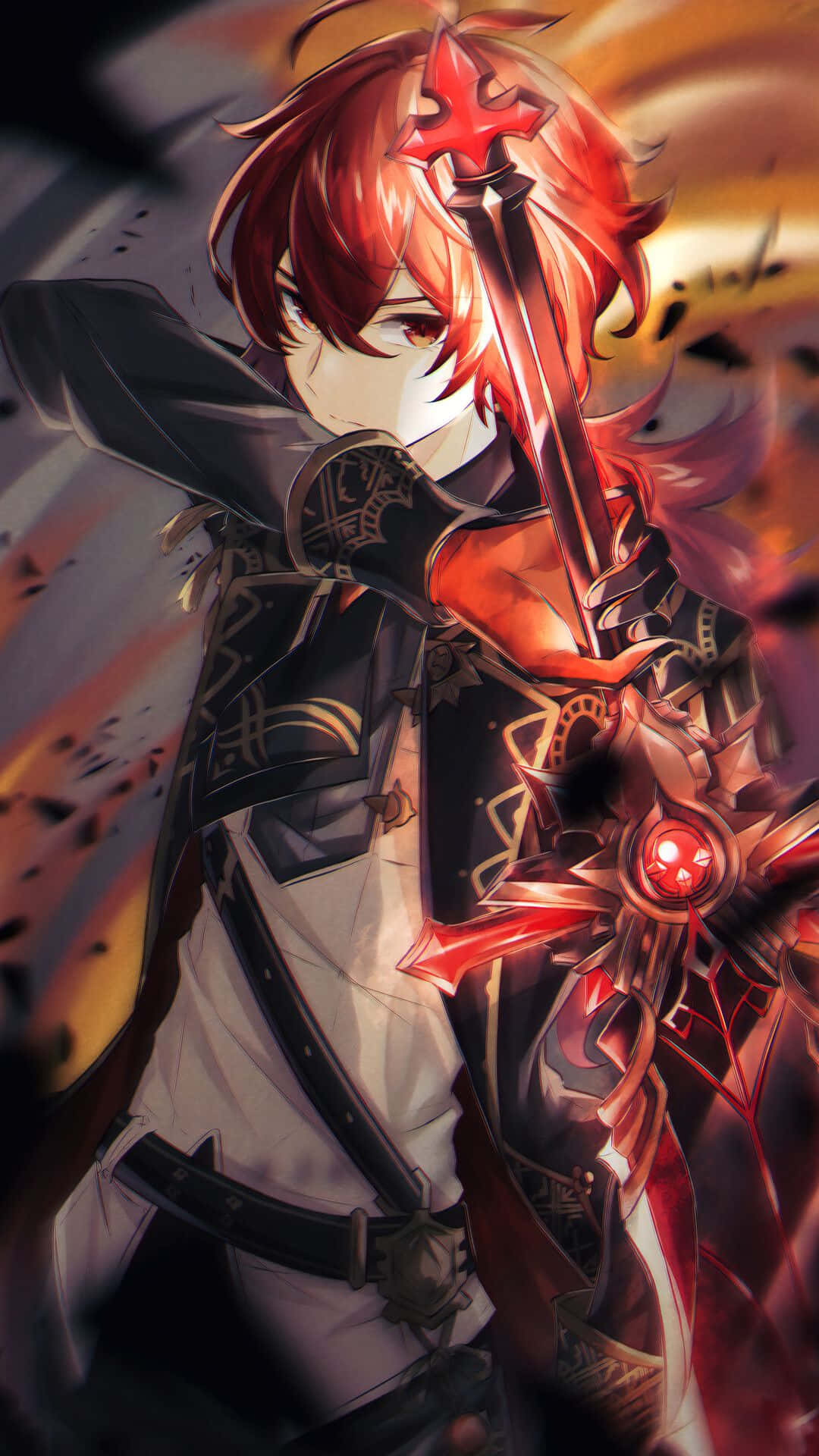 Diluc, red-haired anime warrior, glowing red sword, Full HD Phone Wallpaper