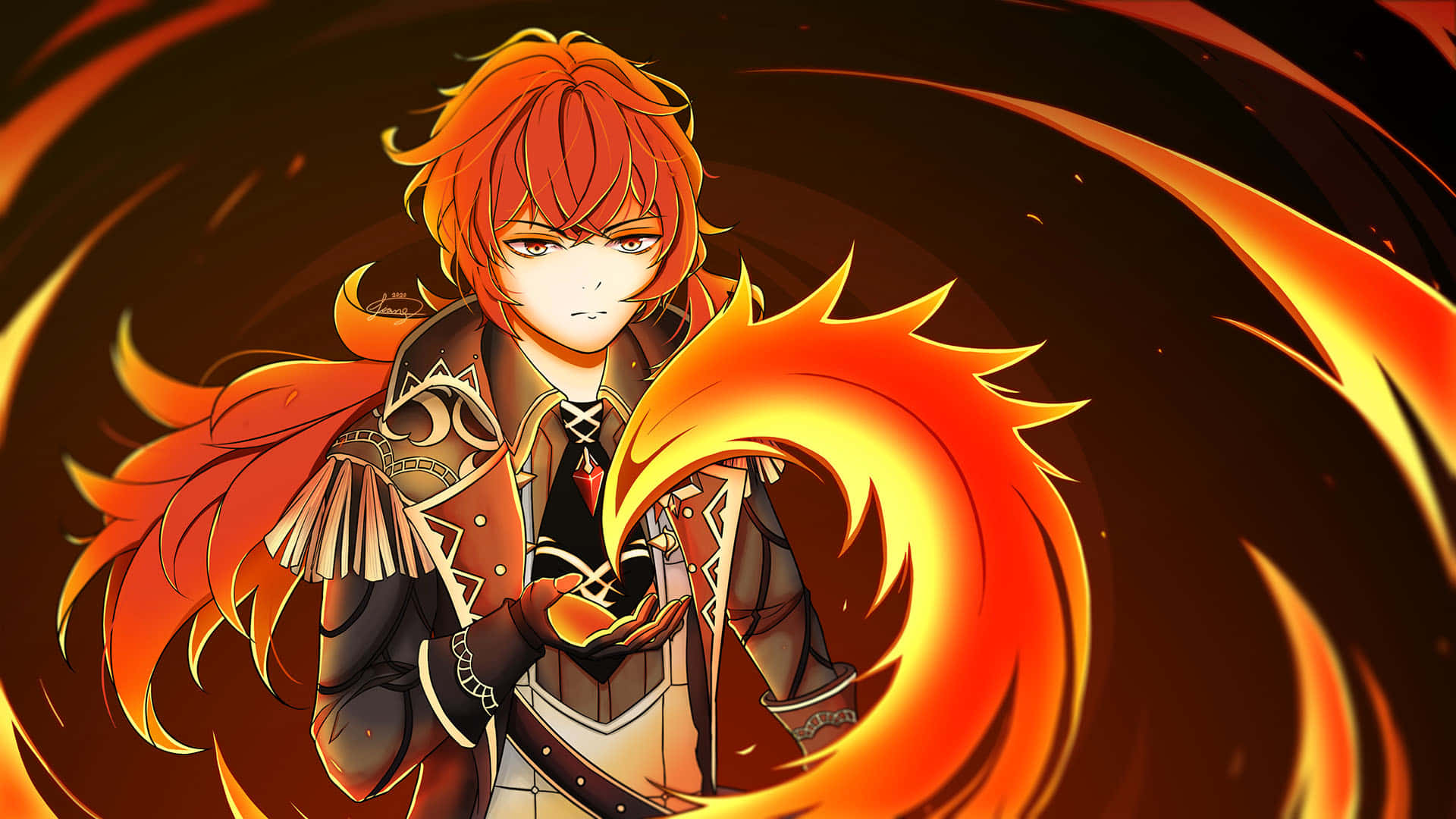 Diluc, fiery-haired anime character, glowing flame, Full HD Desktop Wallpaper
