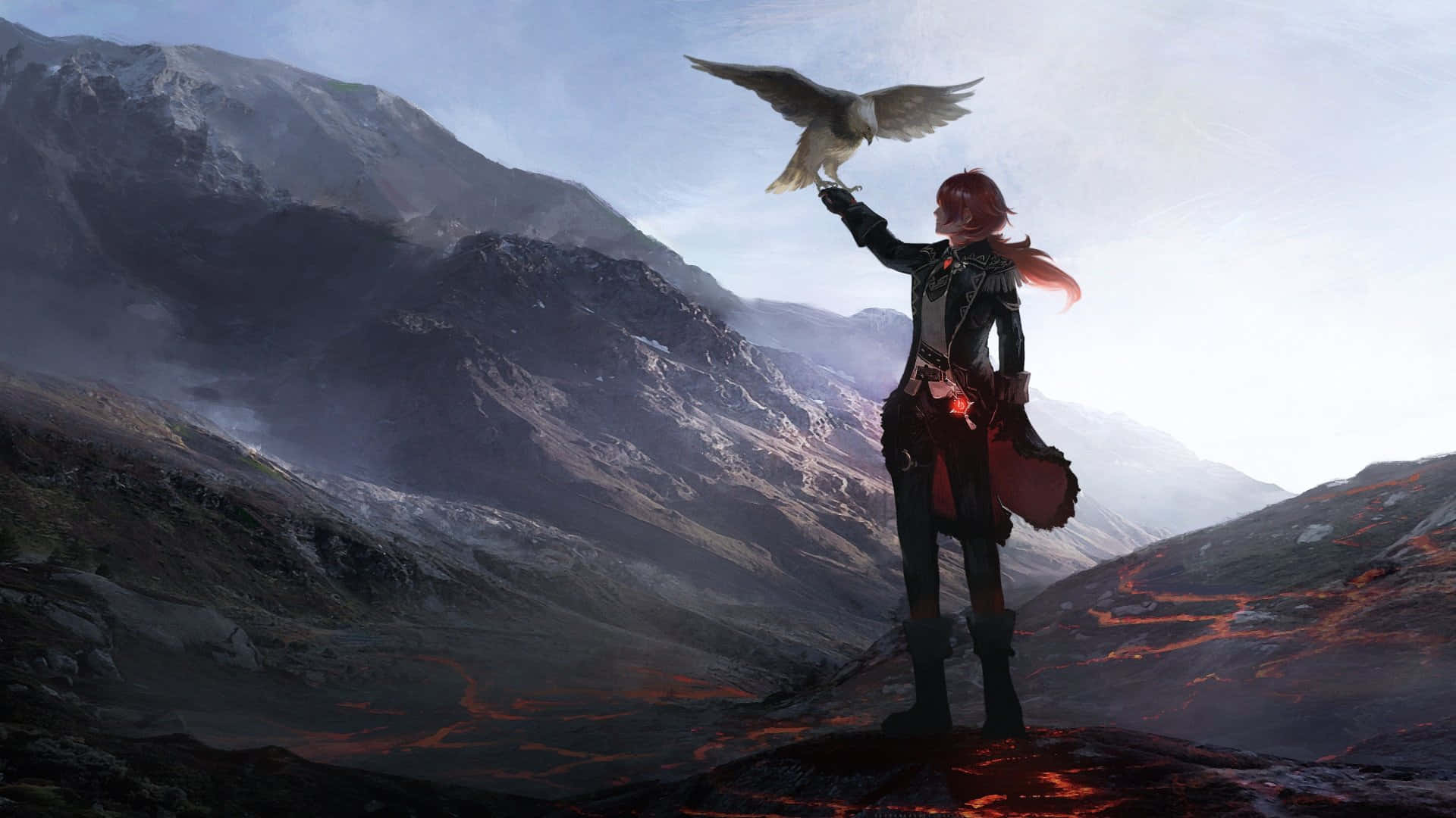 Diluc, red-haired figure, dark attire, Full HD Desktop Wallpaper