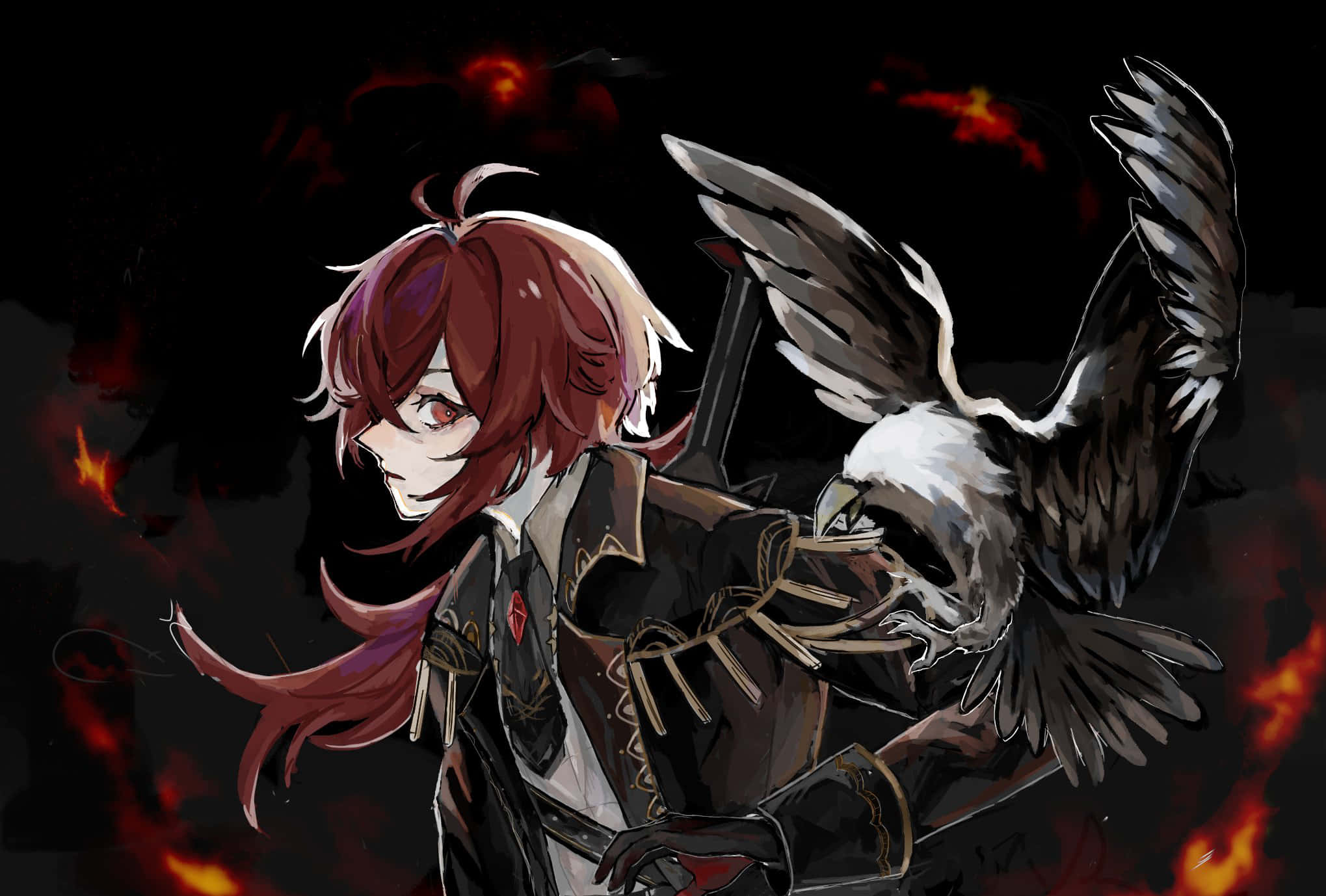 Diluc, red-haired anime girl, skull-faced eagle, Full HD Desktop Wallpaper