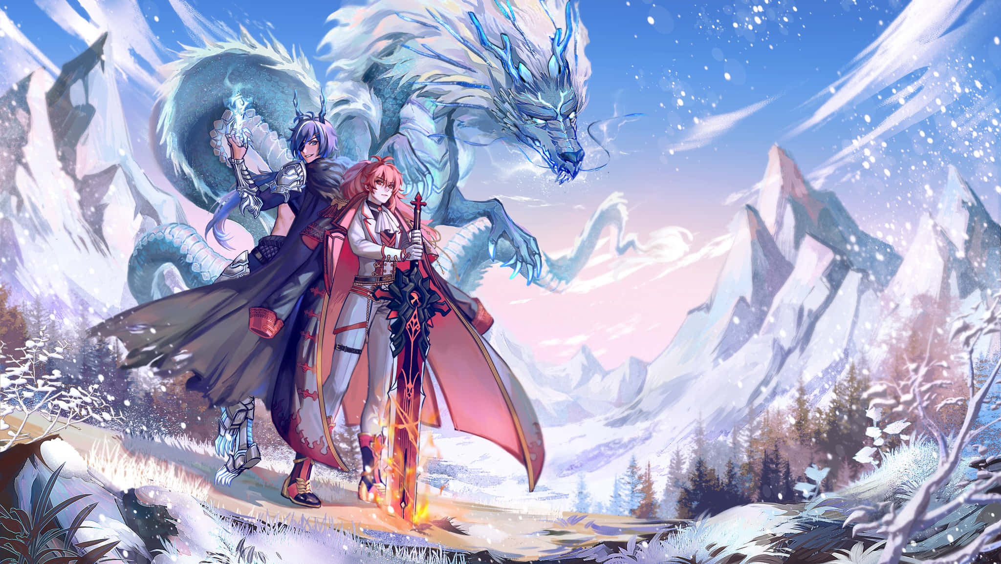 Diluc, ice dragon, snowy mountain valley, Full HD Desktop Wallpaper