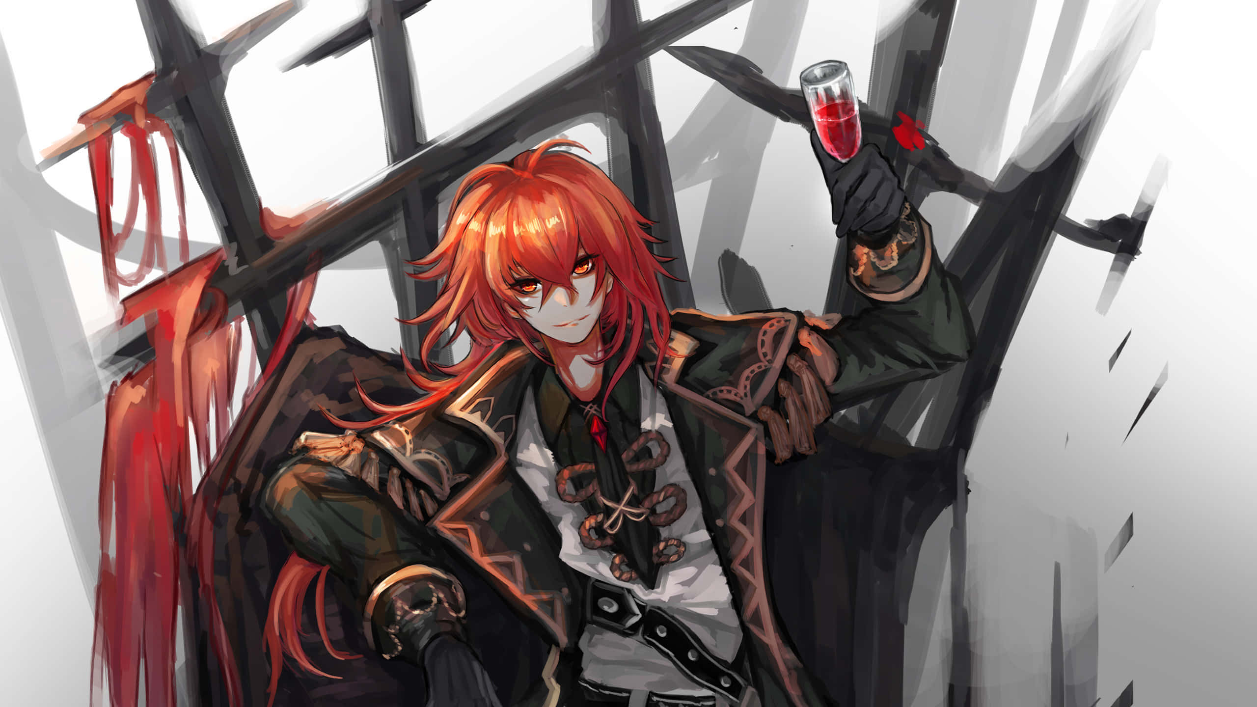 Diluc, red-haired anime character, dark attire, 2K Desktop Wallpaper