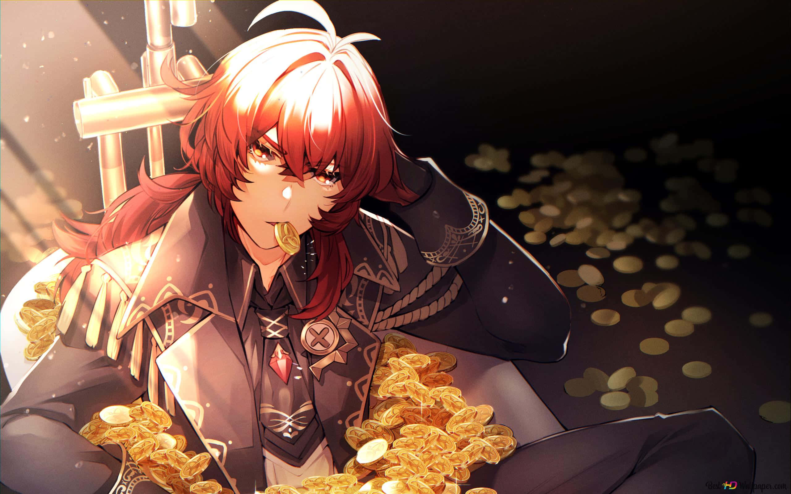 Diluc, red-haired anime character, golden coins, 2K Desktop Wallpaper