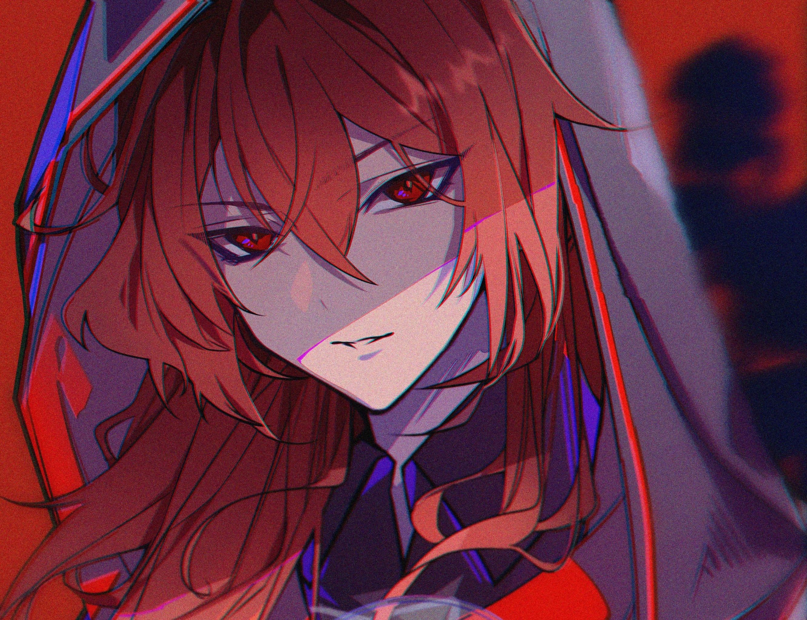 Diluc, red hair, glowing red eyes, 2K Desktop Wallpaper