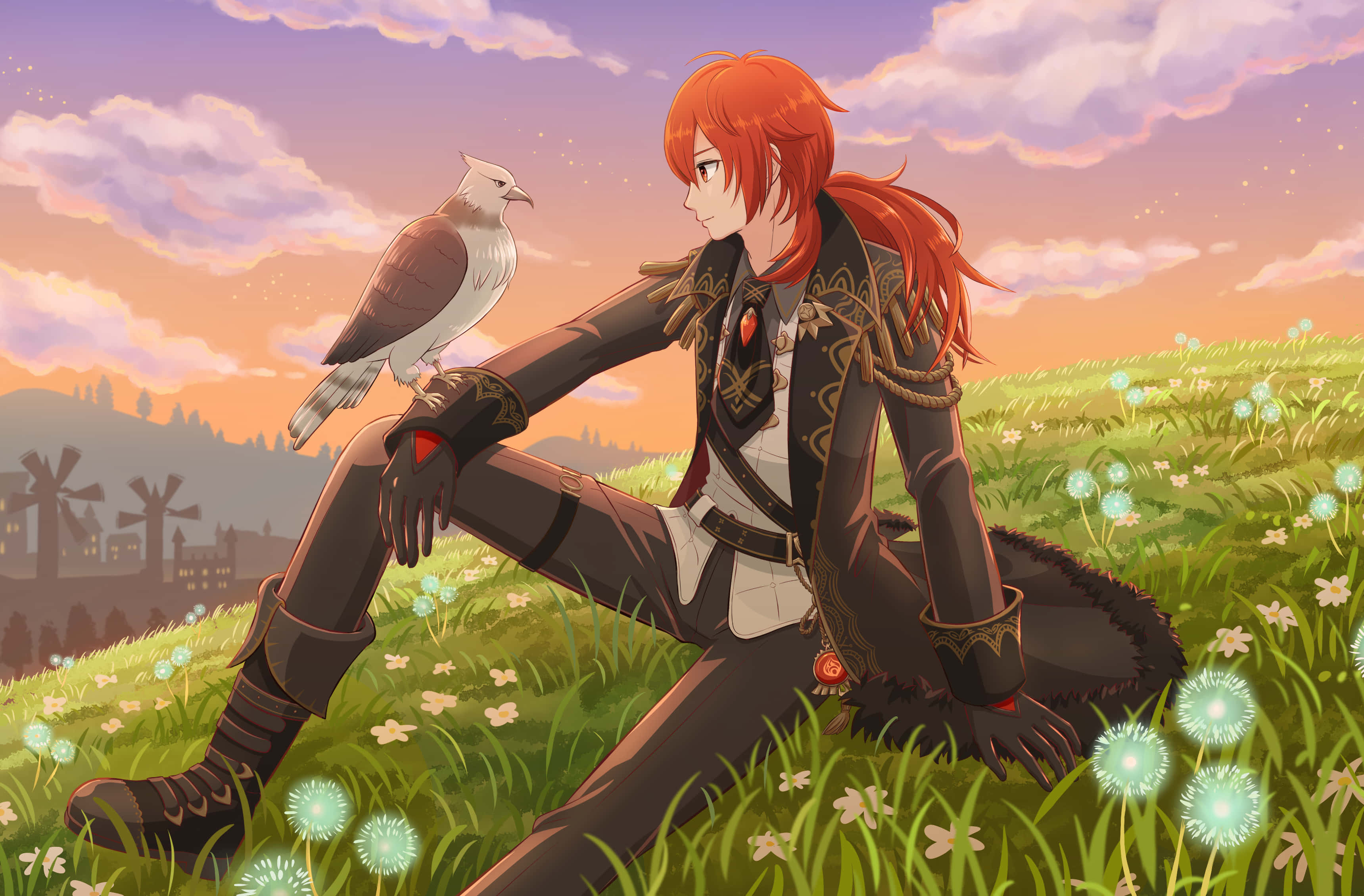 Diluc, red-haired anime character, grassy field, 2K Desktop Wallpaper