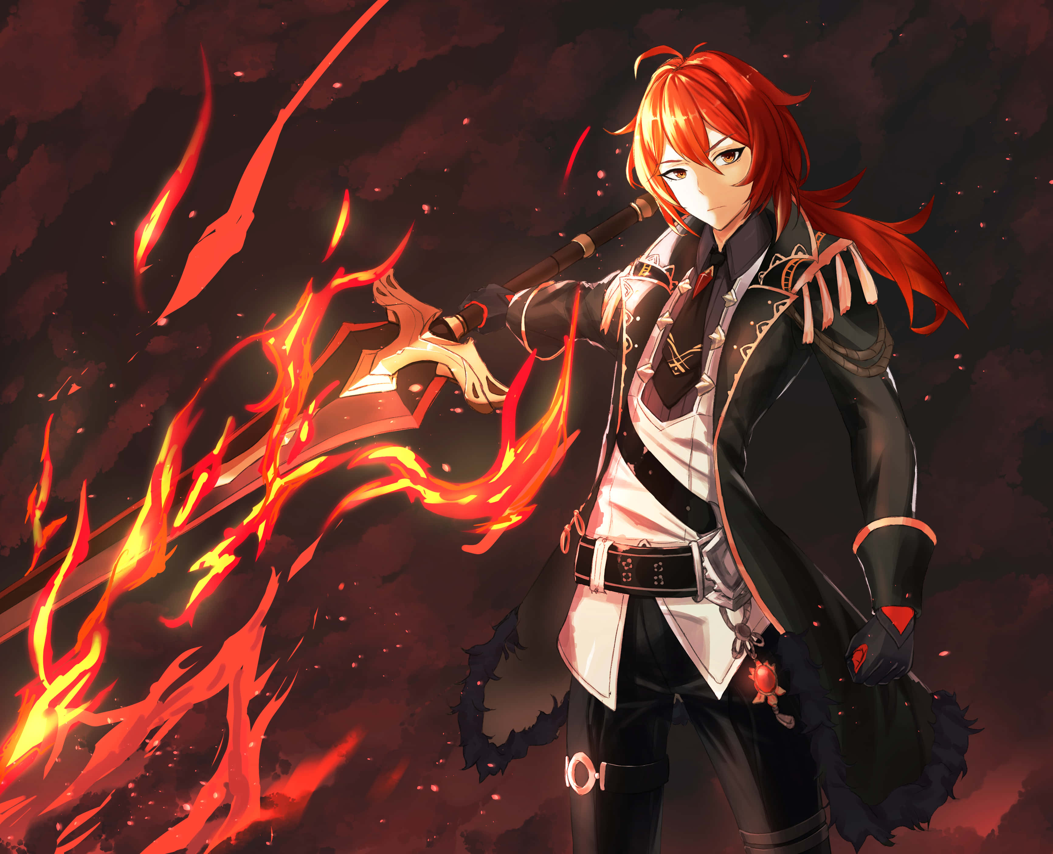 Diluc, fiery red-haired, blazing sword, 2K Desktop Wallpaper