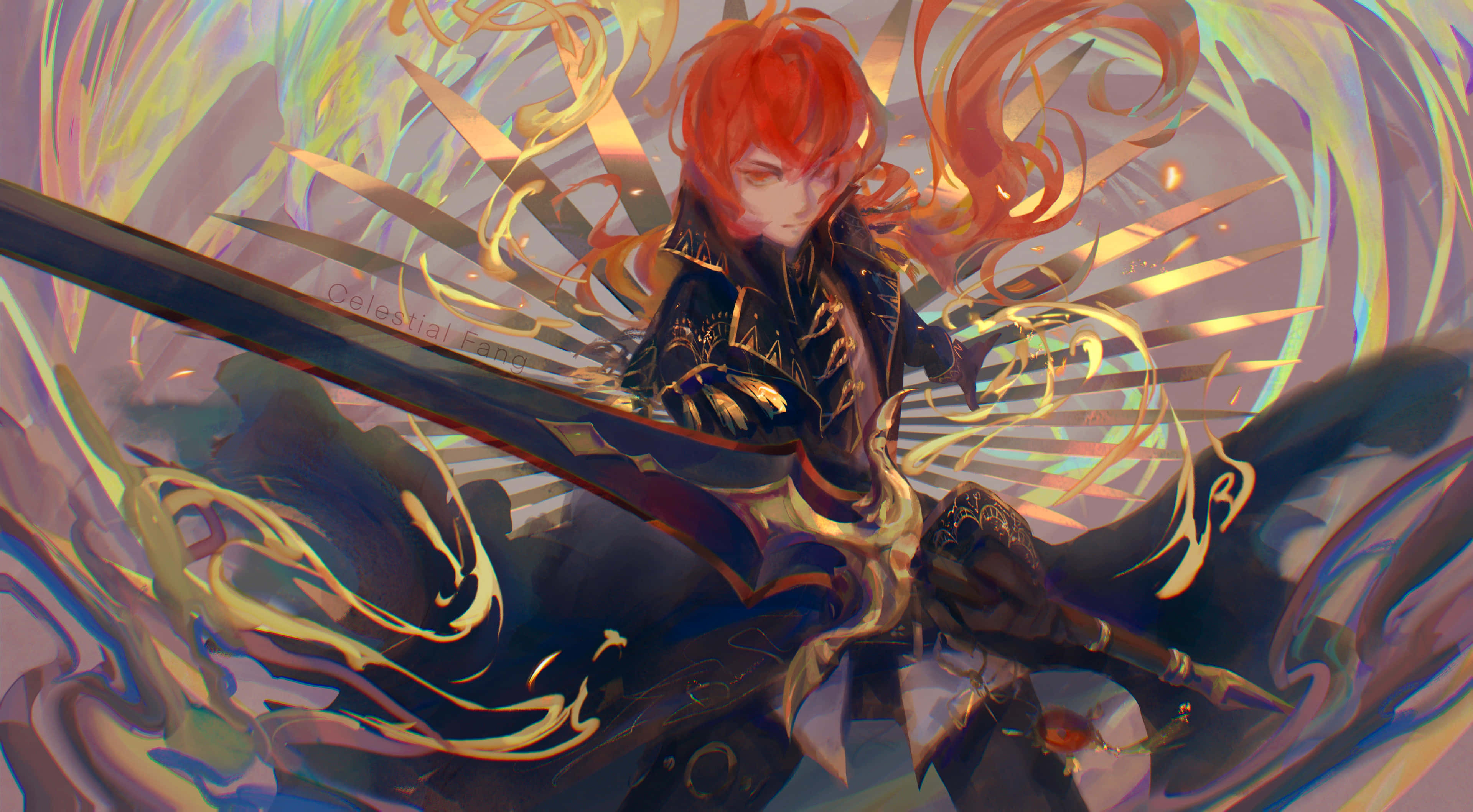 Diluc, red-haired anime warrior, glowing sword, 4K Desktop Wallpaper