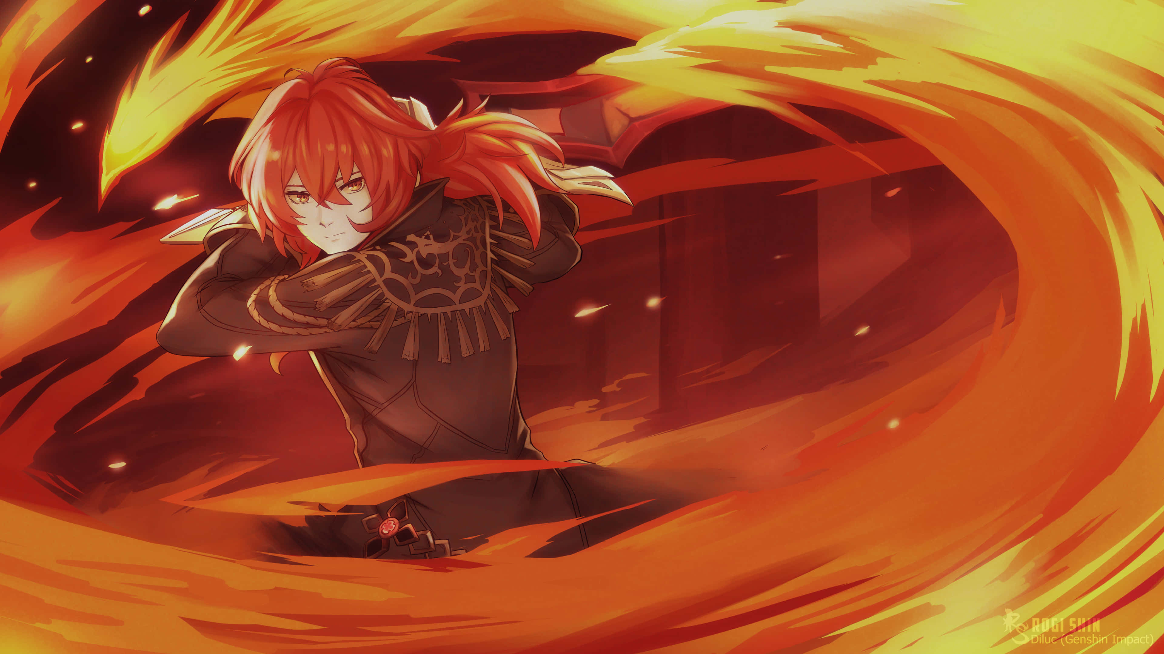 Diluc, fiery-haired anime warrior, swirling flames, 4K Desktop Wallpaper
