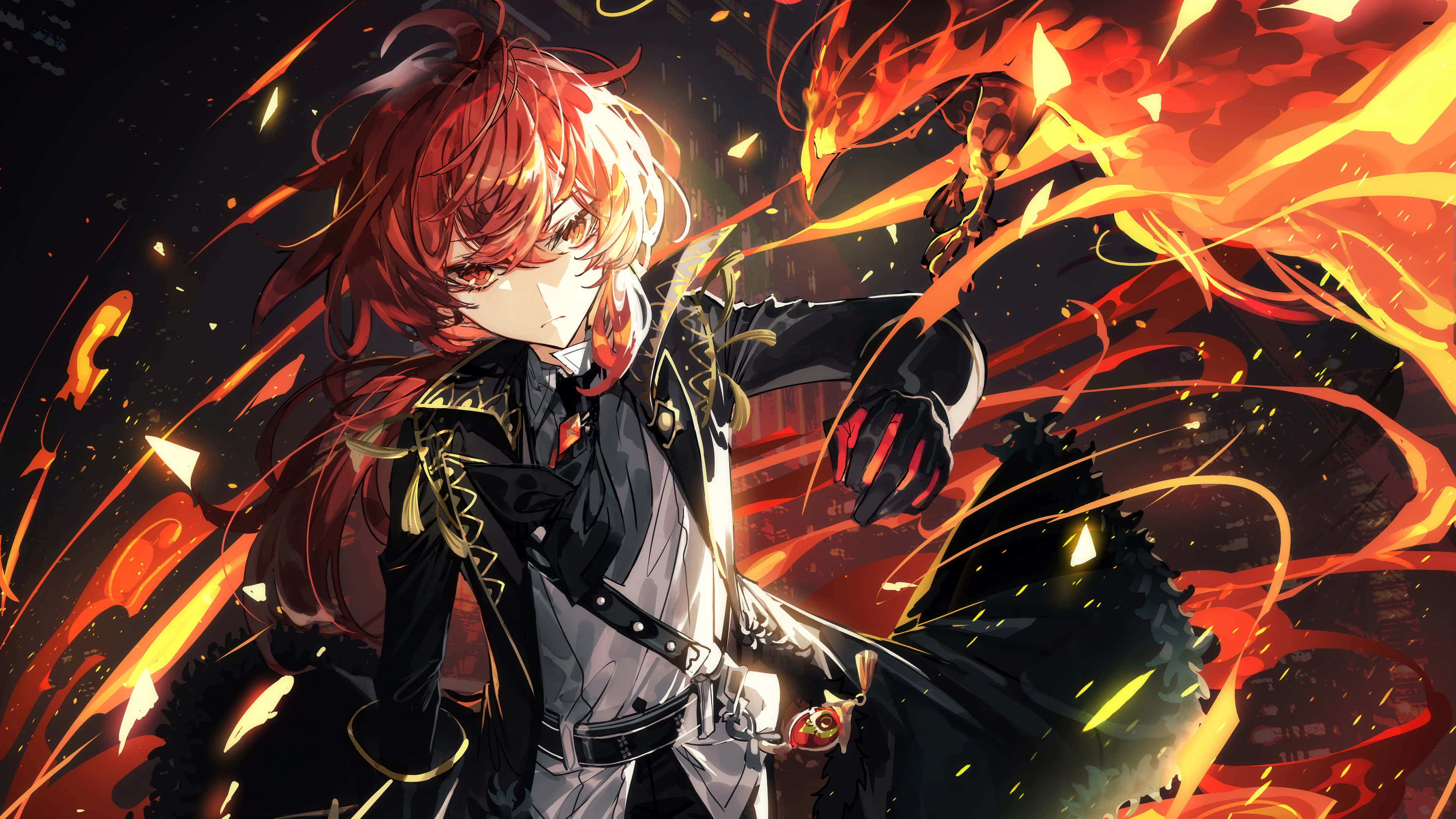 Diluc, fiery-haired anime character, dark attire, 4K Desktop Wallpaper