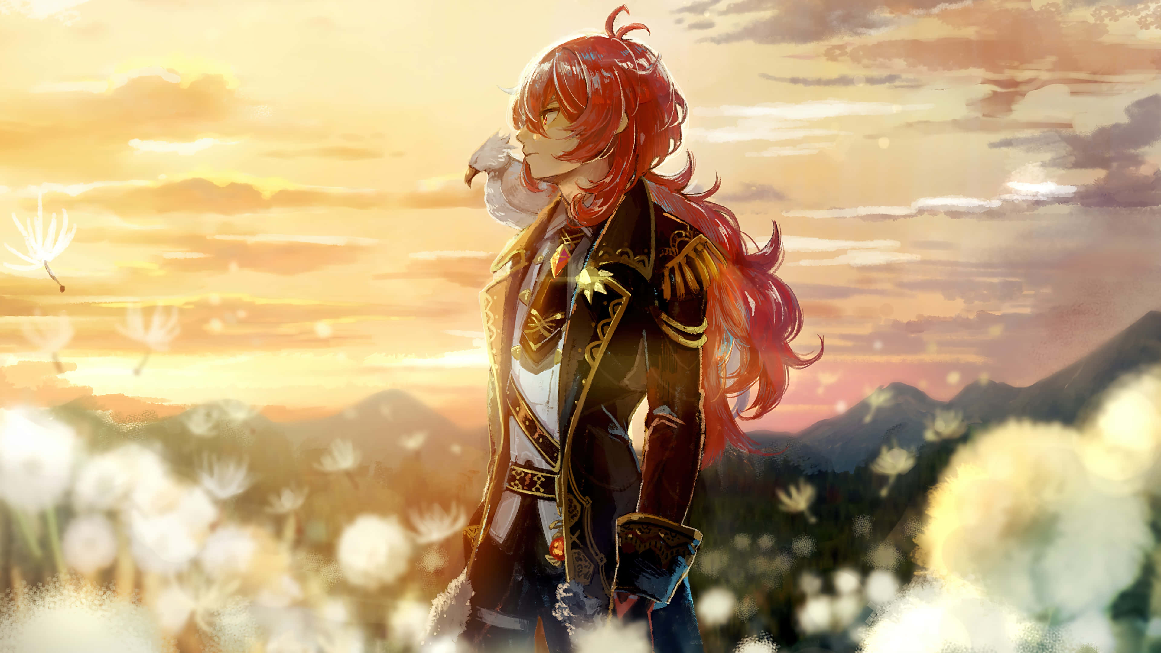 Diluc, red-haired anime character, ornate attire, 4K Desktop Wallpaper