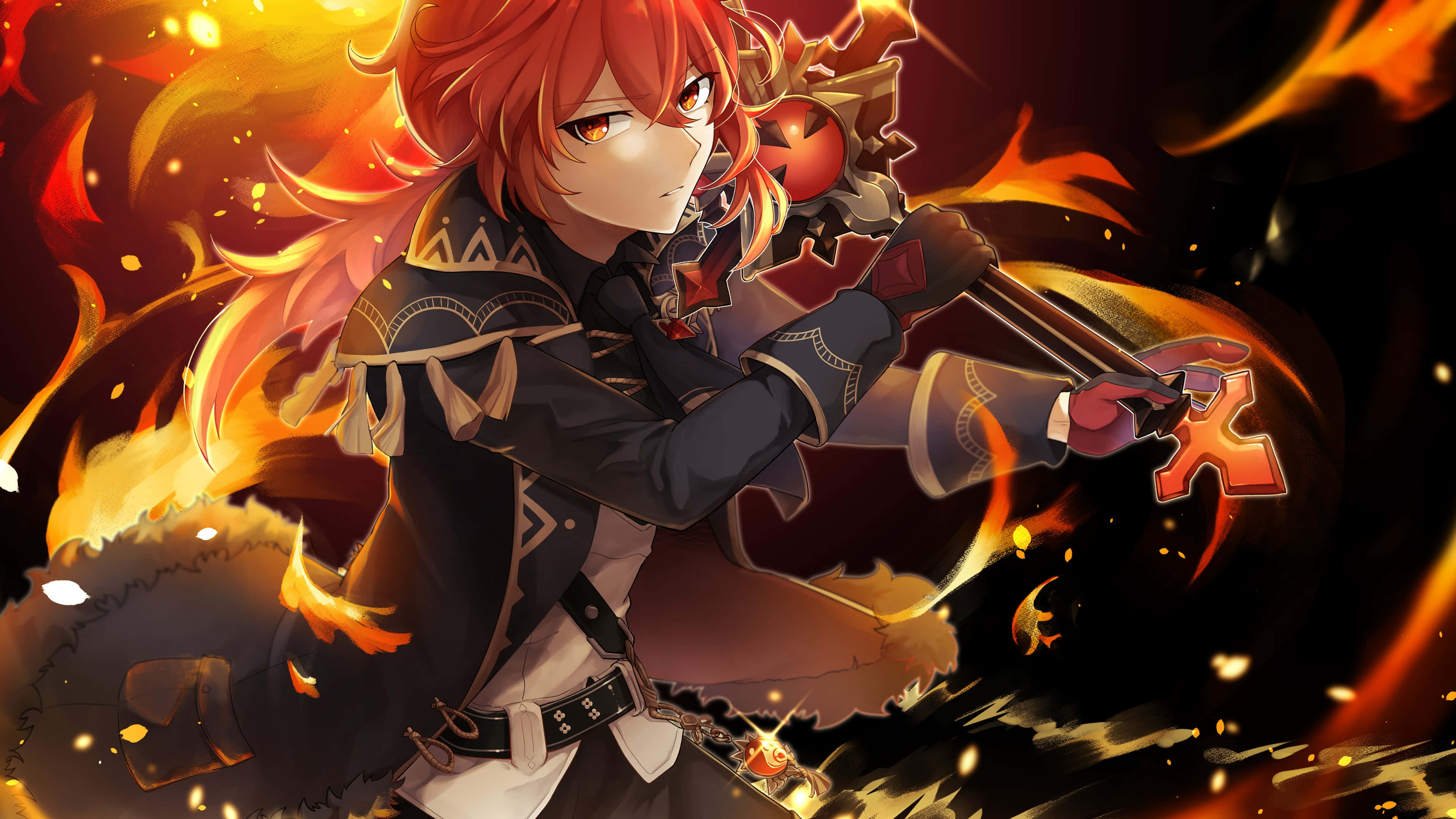 Diluc, fiery-haired, anime warrior, 4K Desktop Wallpaper