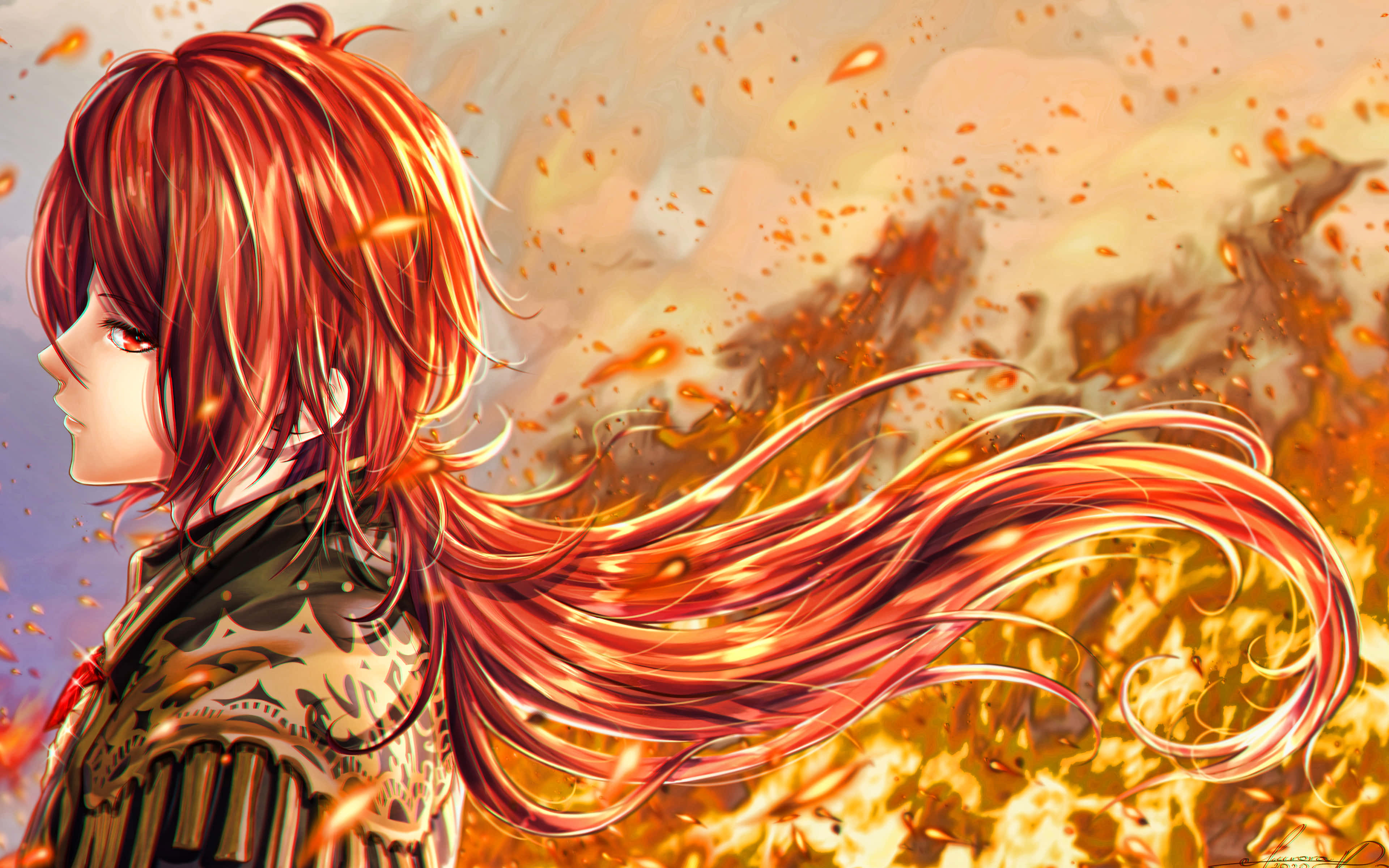 Diluc, red-haired anime character, flowing hair, 4K Desktop Wallpaper