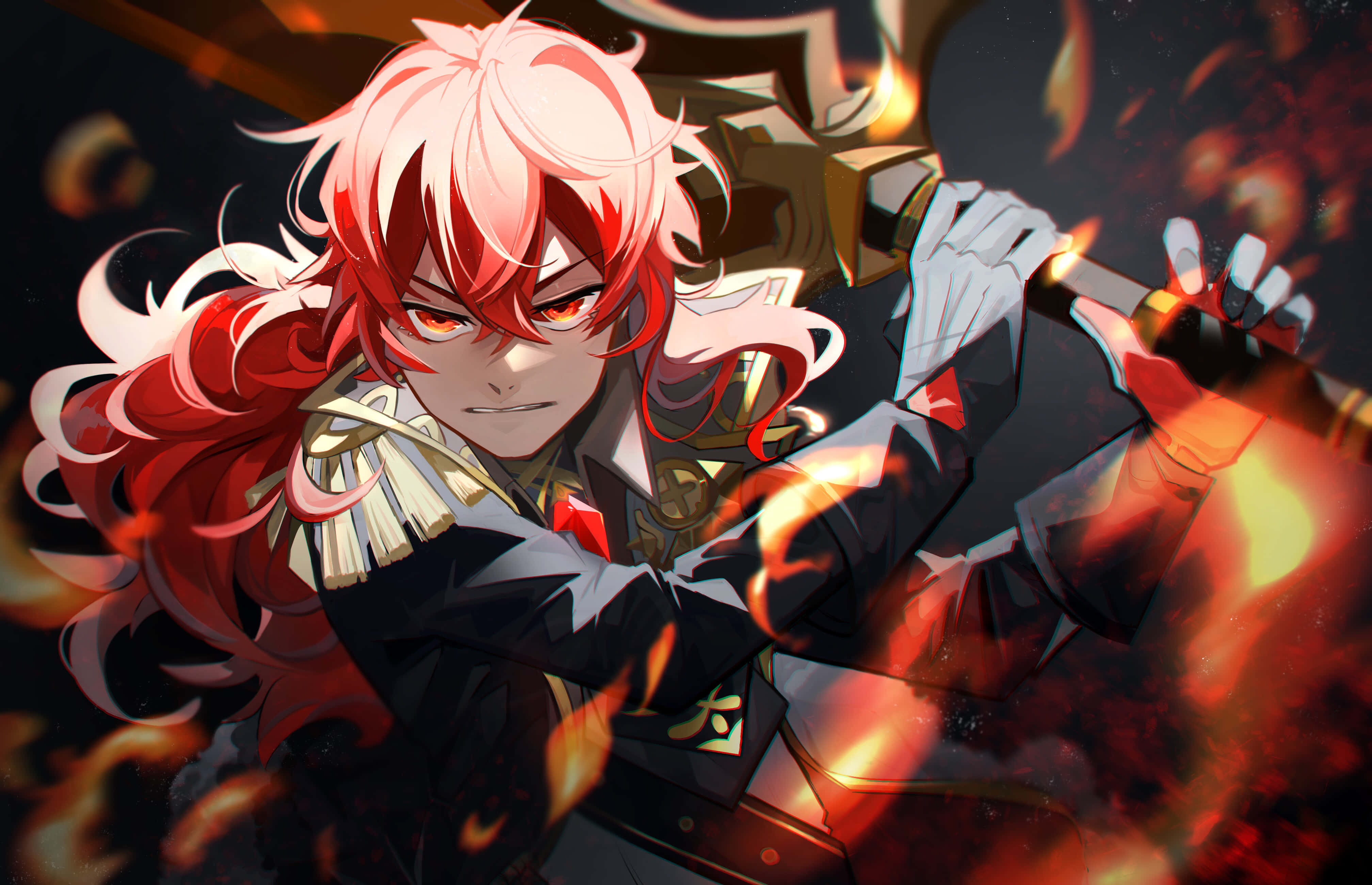Diluc, flaming sword, fiery-haired anime warrior, 4K Desktop Wallpaper