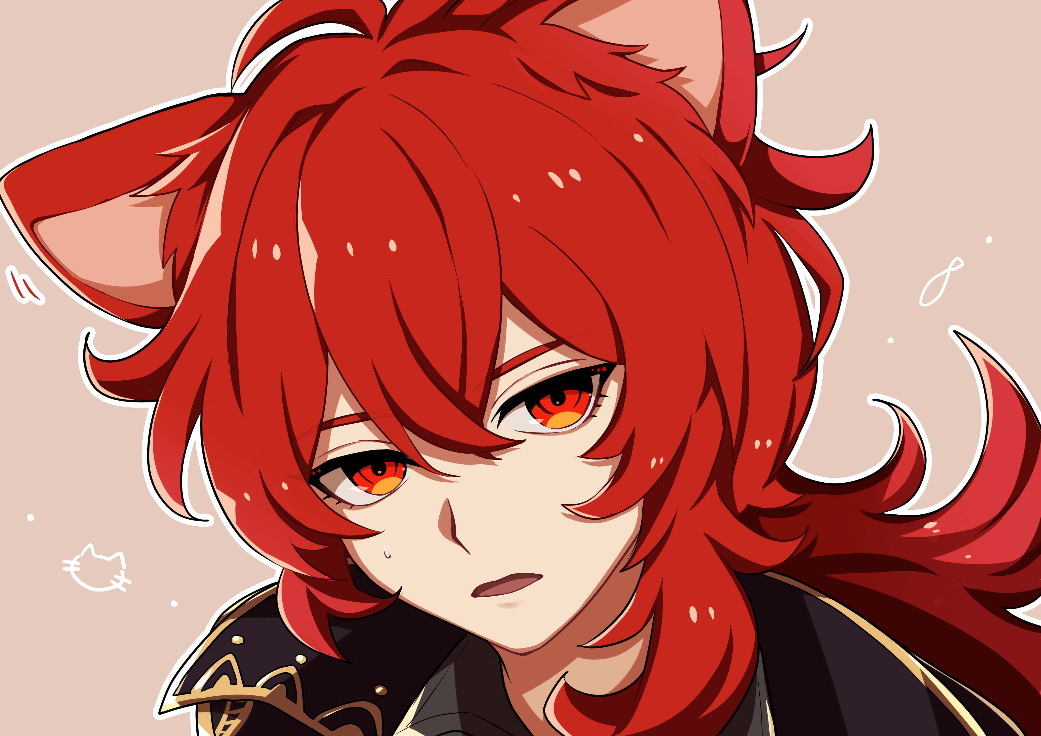 Diluc, fiery red hair, cat ears, 4K Desktop Wallpaper