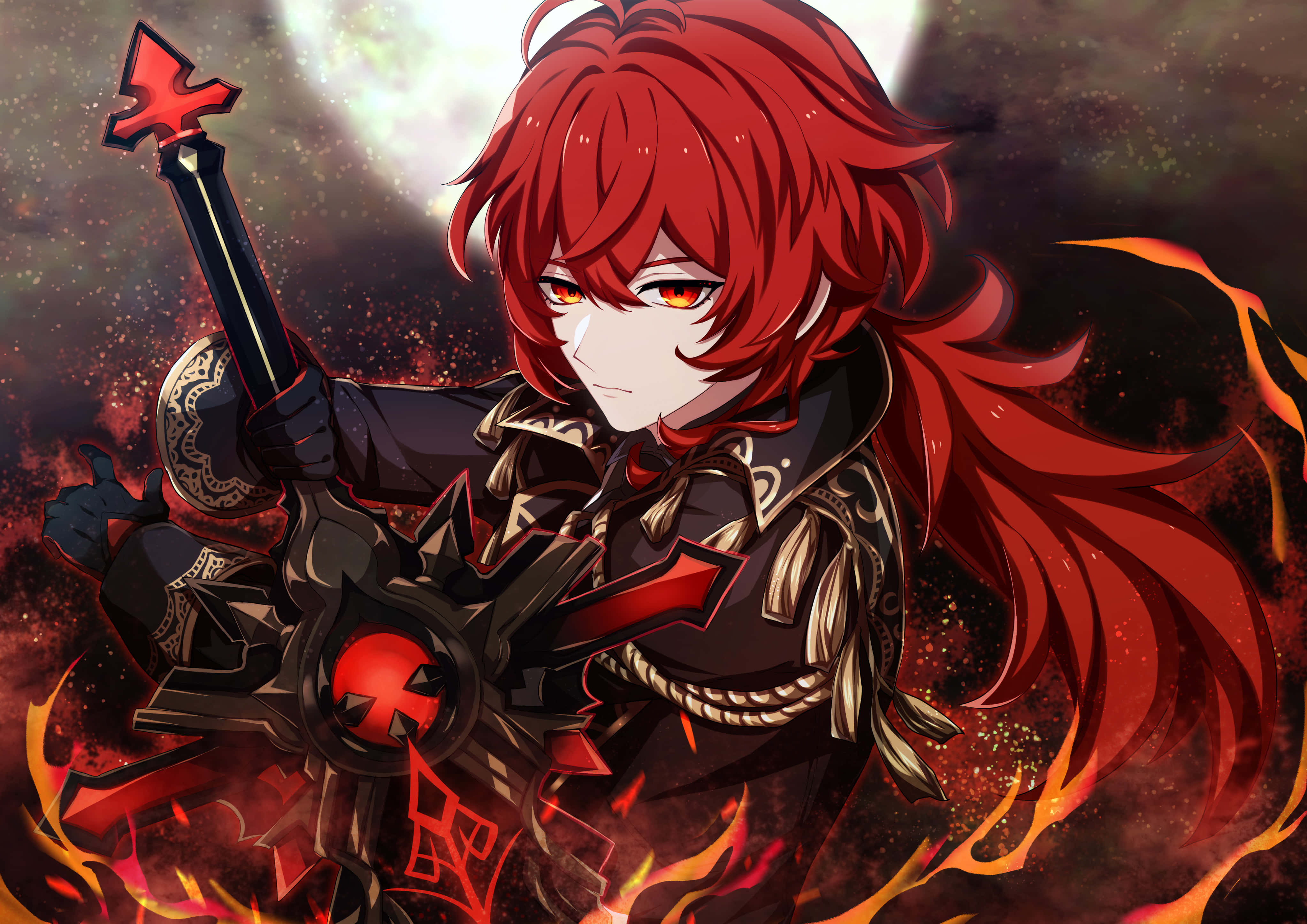 Diluc, fiery red-haired, glowing red weapon, 4K Desktop Wallpaper