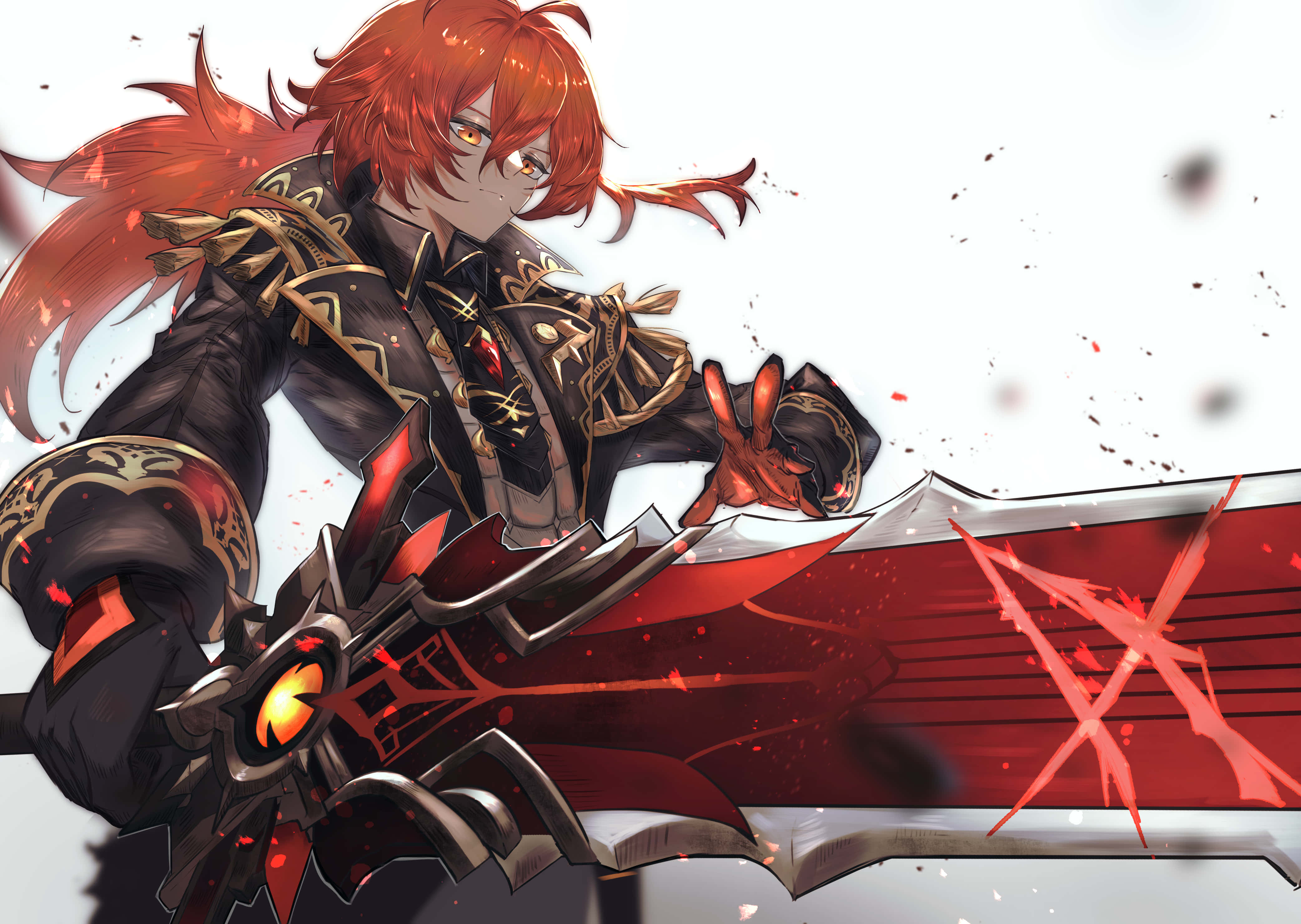 Diluc, fiery-haired, anime warrior, 4K Desktop Wallpaper