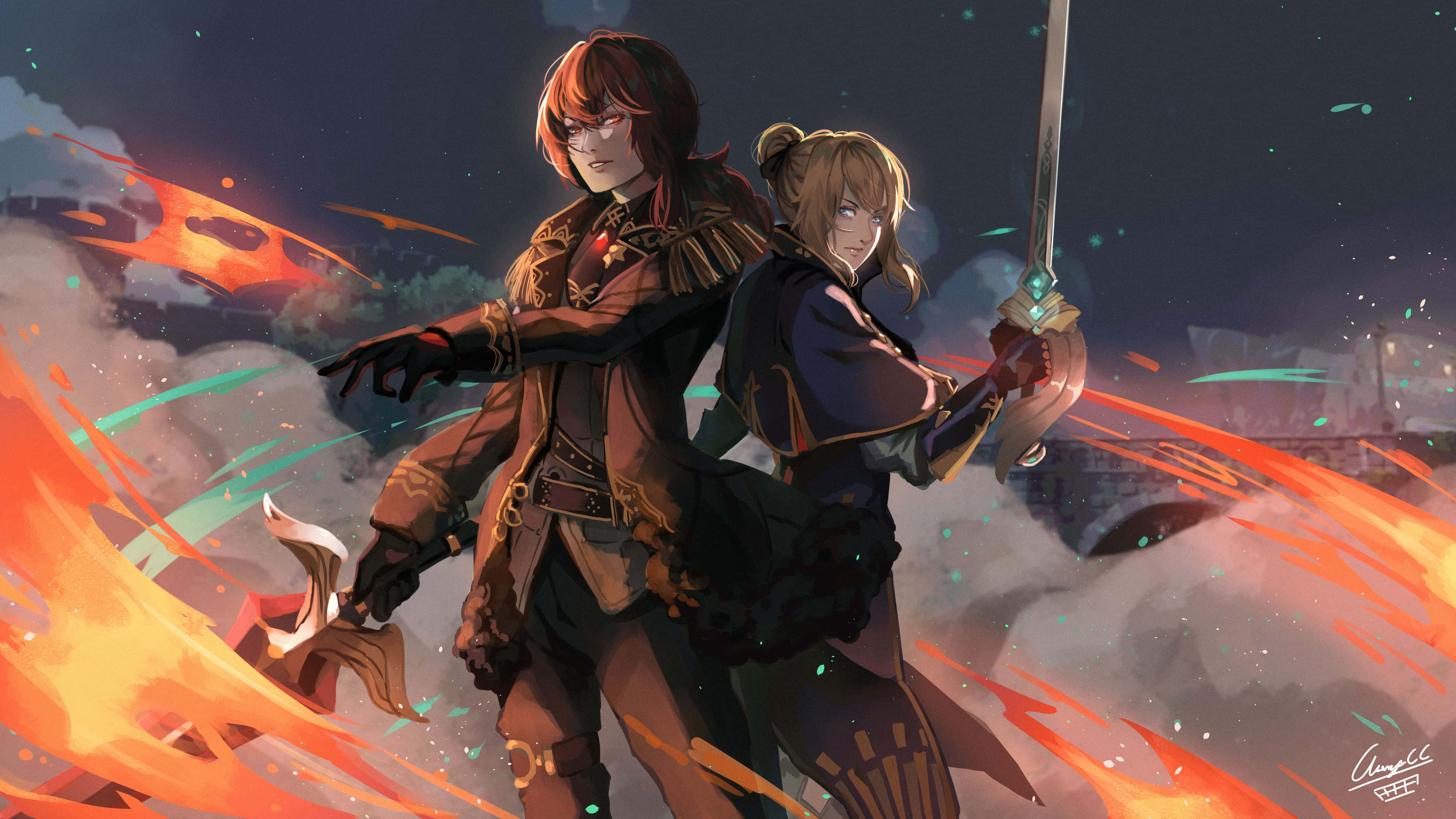 Diluc, anime warriors, fiery orange, 4K Desktop Wallpaper