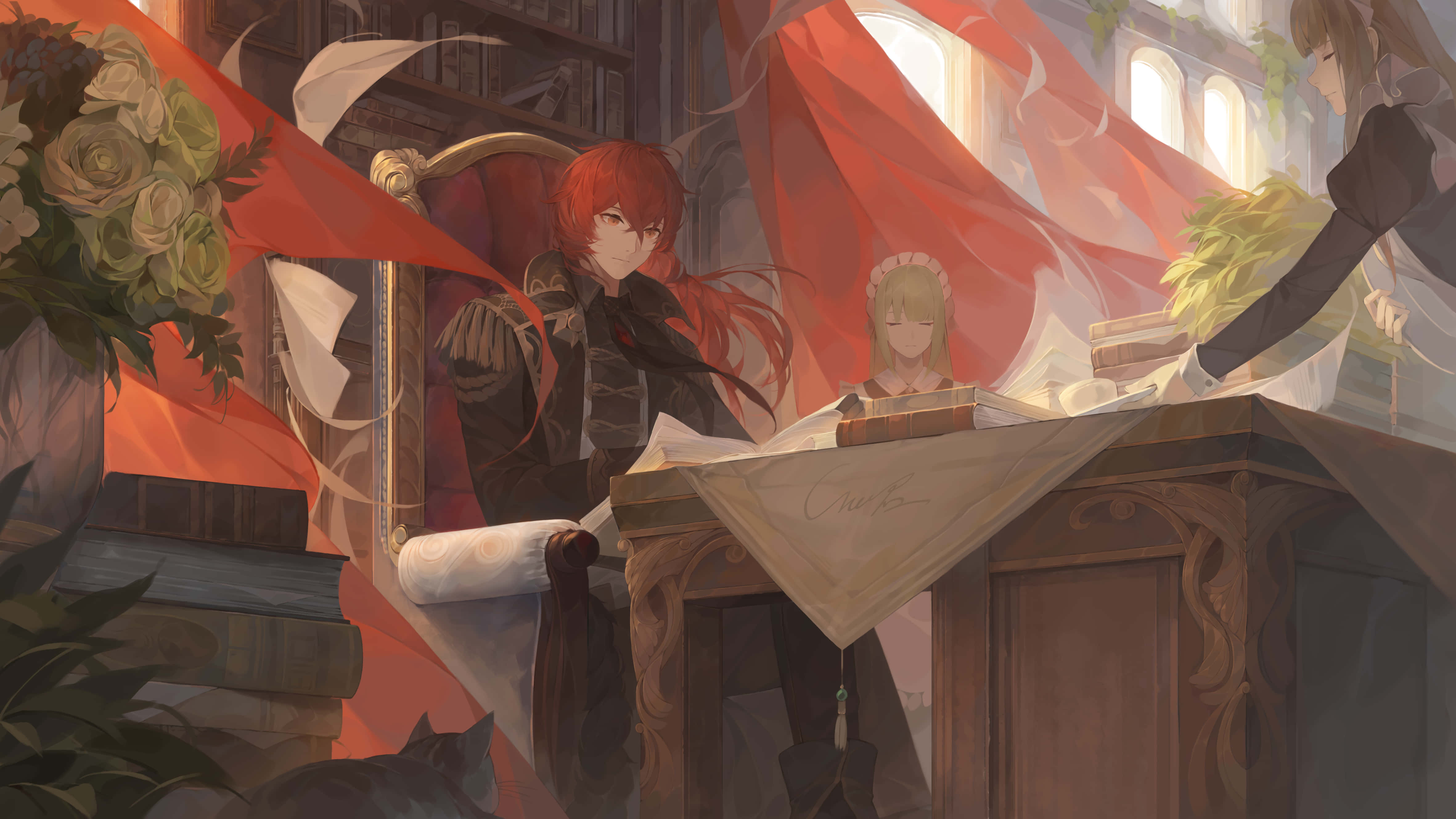 Diluc, red-haired anime character, throne room, 4K Desktop Wallpaper