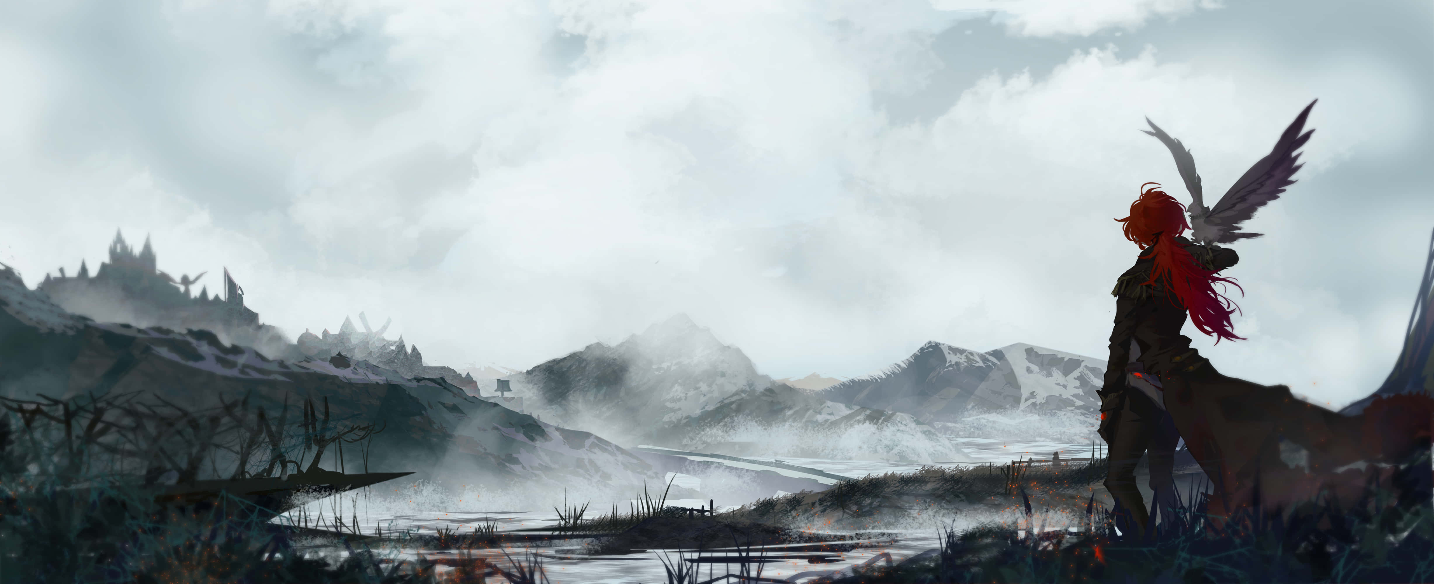 Diluc, wings, misty mountain valley, 4K Desktop Wallpaper