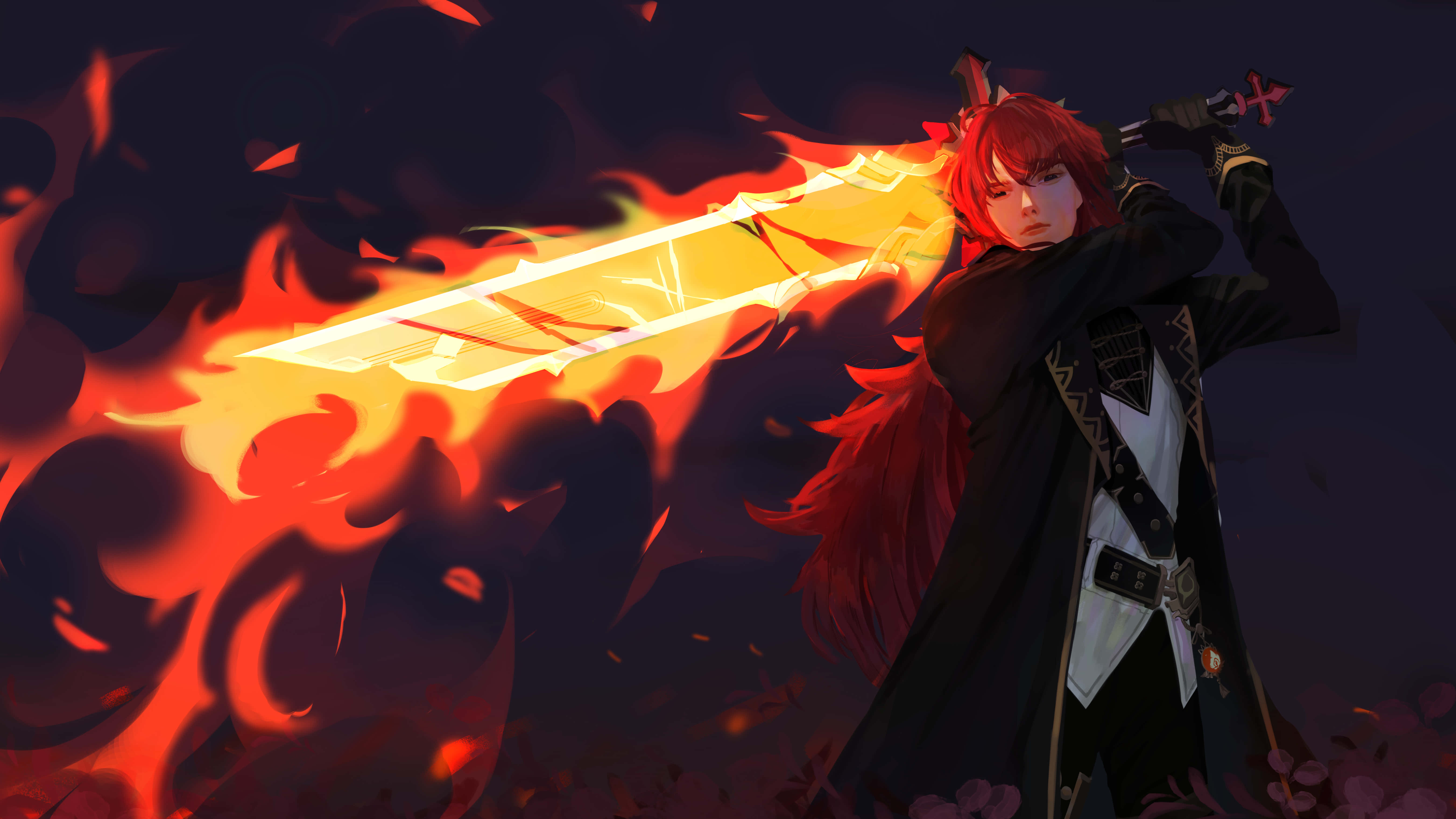 Diluc, flaming sword, red-haired anime warrior, 5K Desktop Wallpaper