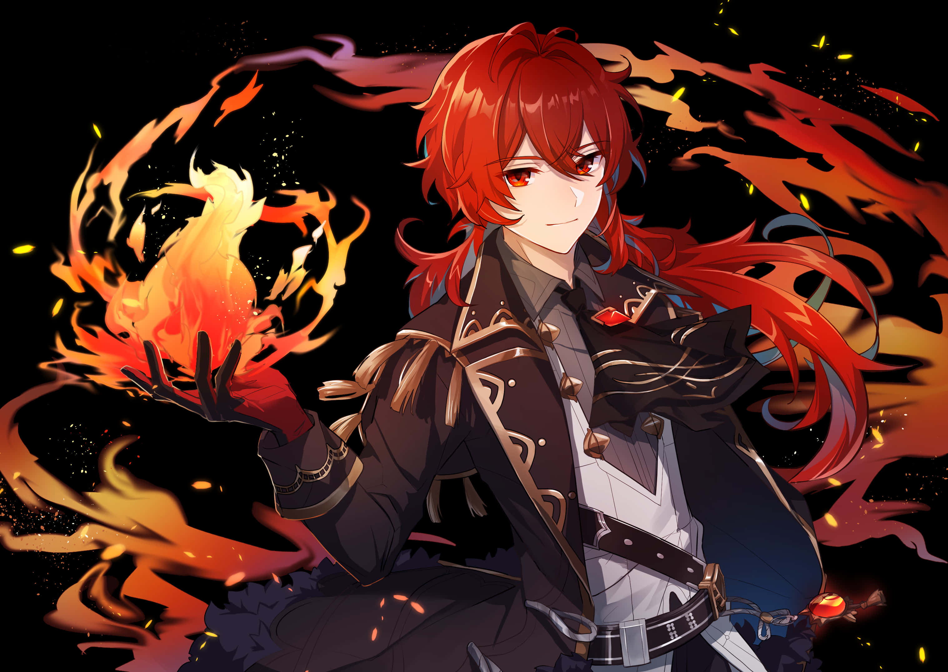 Diluc, fiery-haired, anime character, 2K Desktop Wallpaper