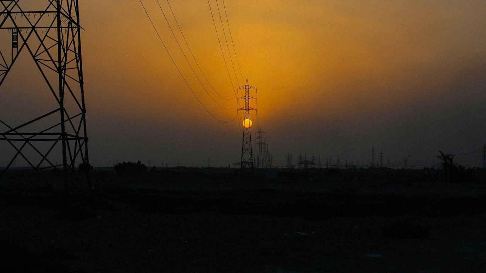 Sunset, power line towers, darkened industrial landscape, HD Desktop Wallpaper