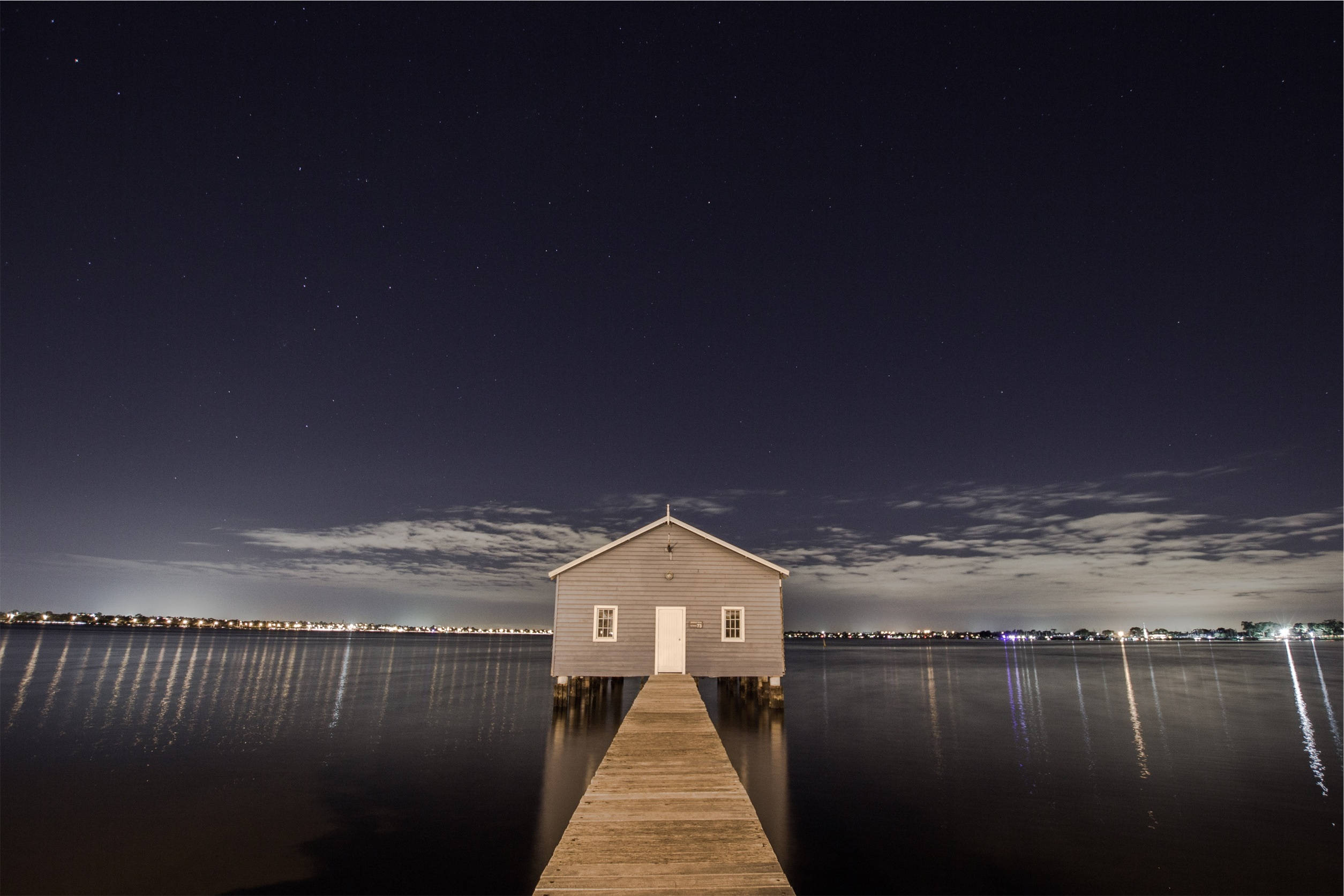 house on stilts, wooden pier, calm water, Full HD Desktop Wallpaper