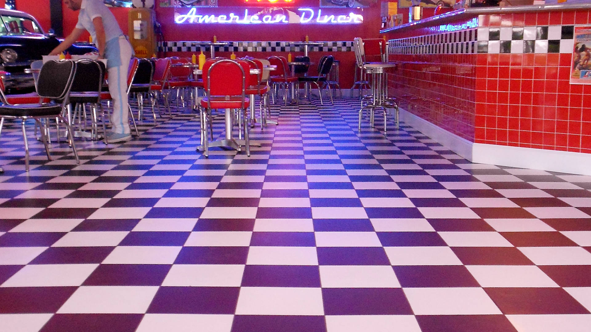 50s diner, checkered floor, red booths, Full HD Desktop Wallpaper