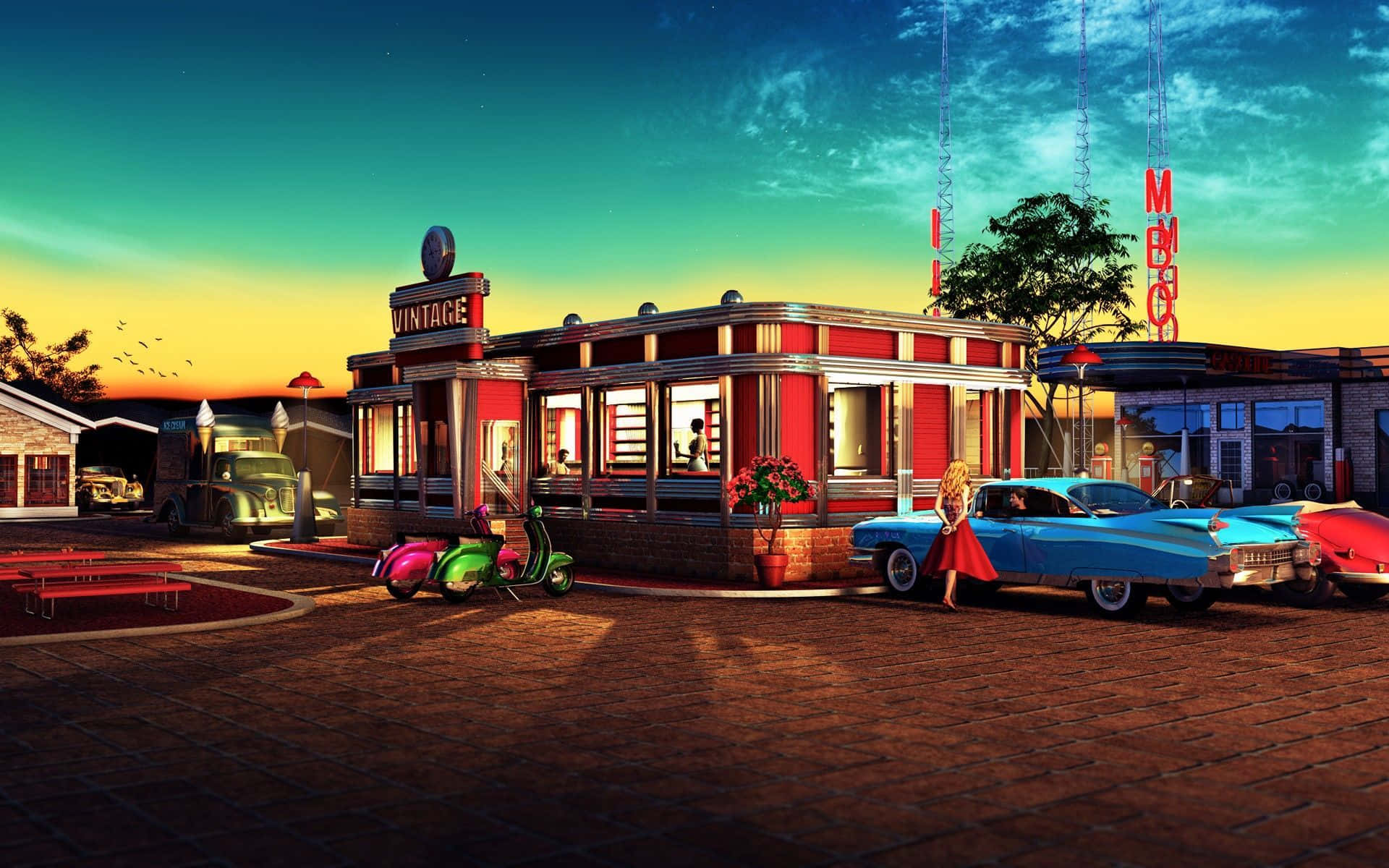 retro diner, sunset, vintage cars, Full HD Desktop Wallpaper