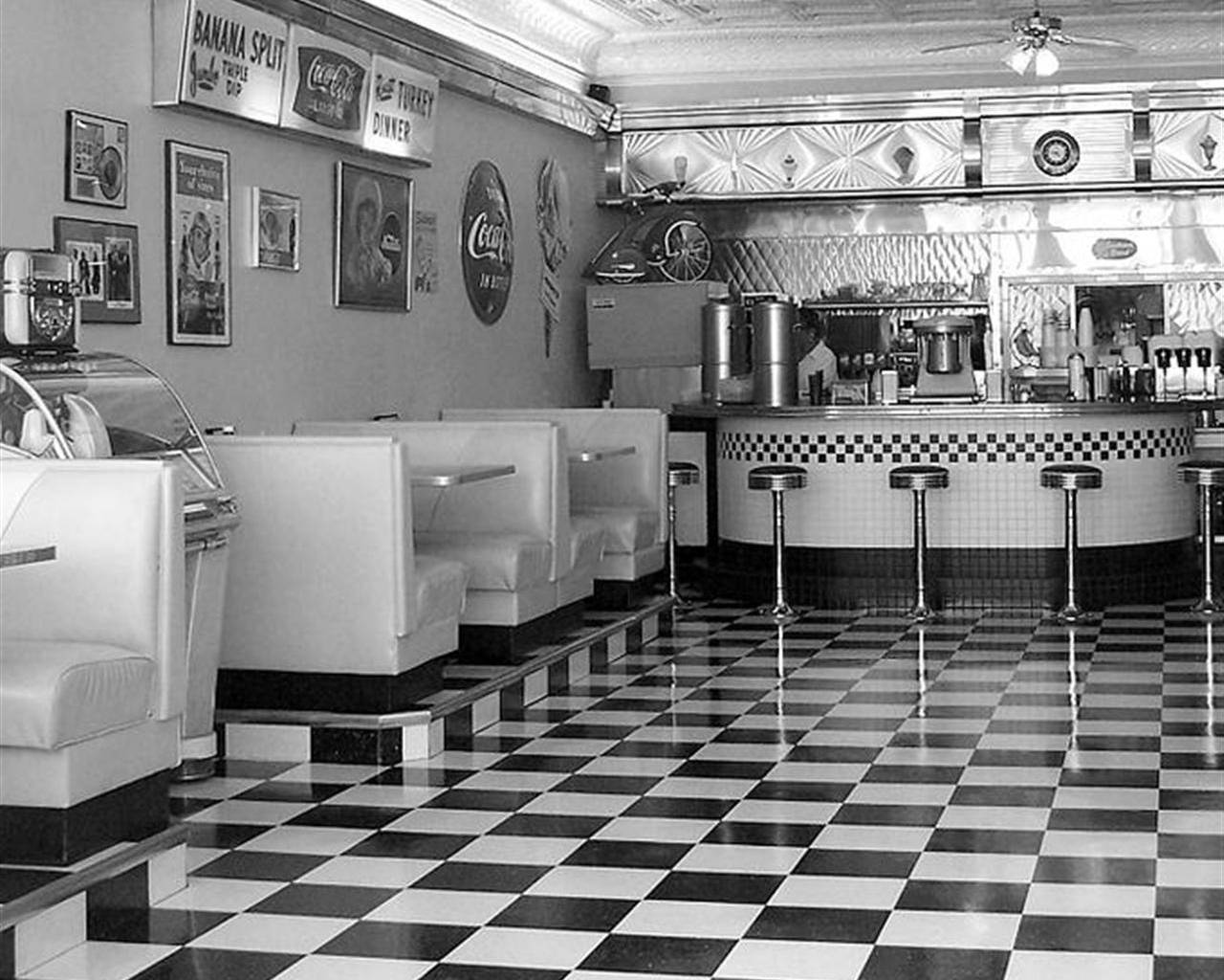 1950s diner, checkered floor, booths, HD Desktop Wallpaper