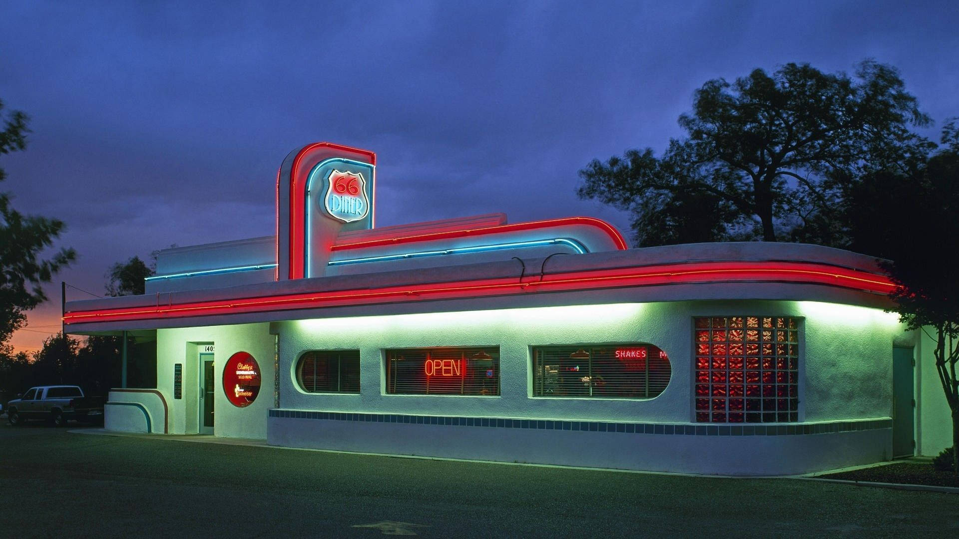 50s diner, red neon lights, blue neon lights, Full HD Desktop Wallpaper
