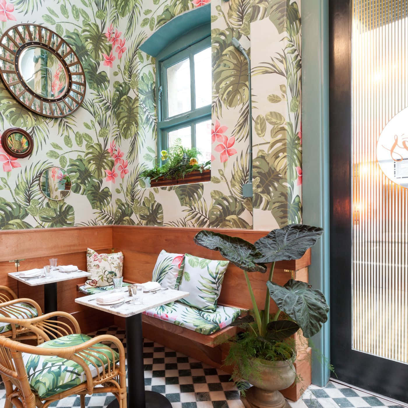 retro diner, jungle themed, pink flowers, HD Desktop Wallpaper