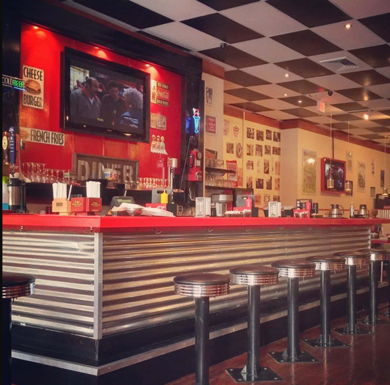 retro diner, red countertop, chrome stools, HD Desktop Wallpaper