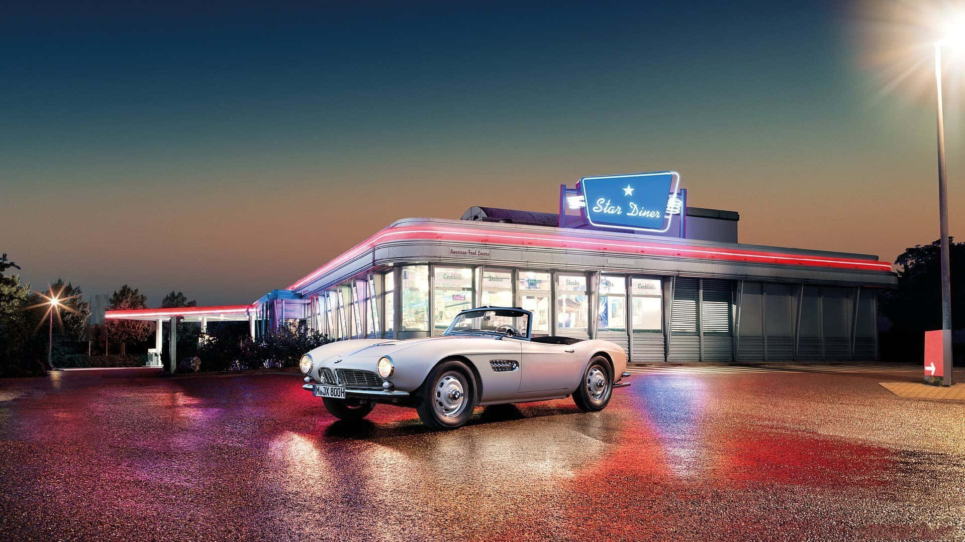 retro diner, neon lights, twilight, Full HD Desktop Wallpaper