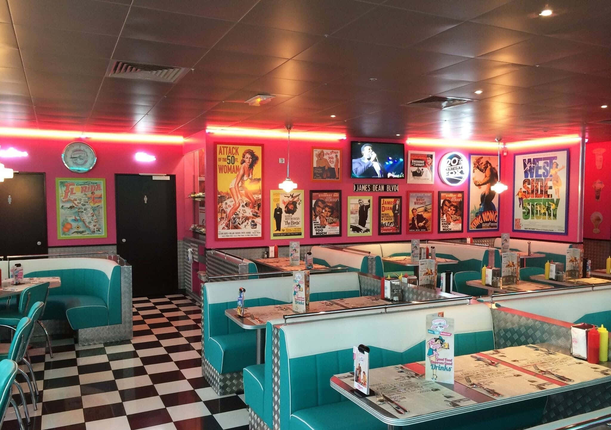 retro diner, turquoise booths, checkered floors, Full HD Desktop Wallpaper