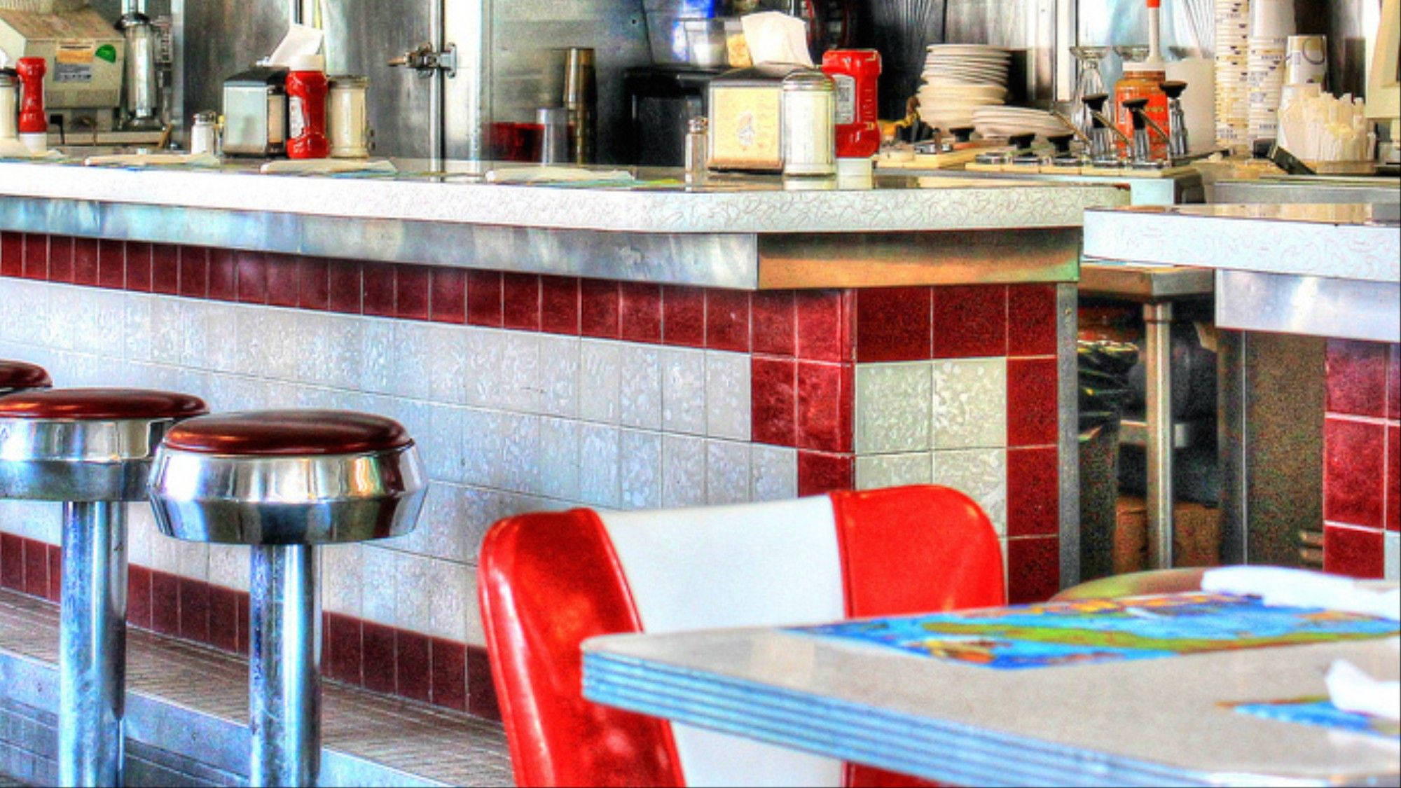 red and white tiles, 50s diner, red and silver stools, Full HD Desktop Wallpaper