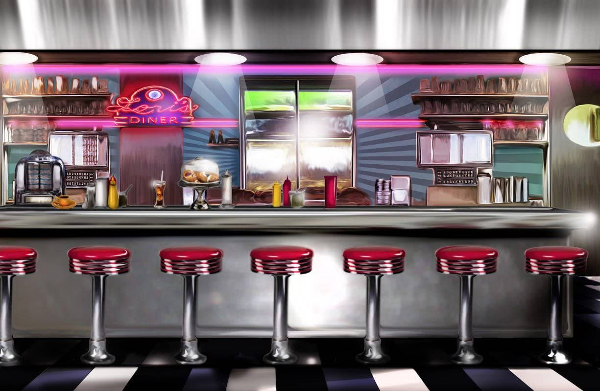 50s diner, chrome counter, red stools, SD Desktop Wallpaper