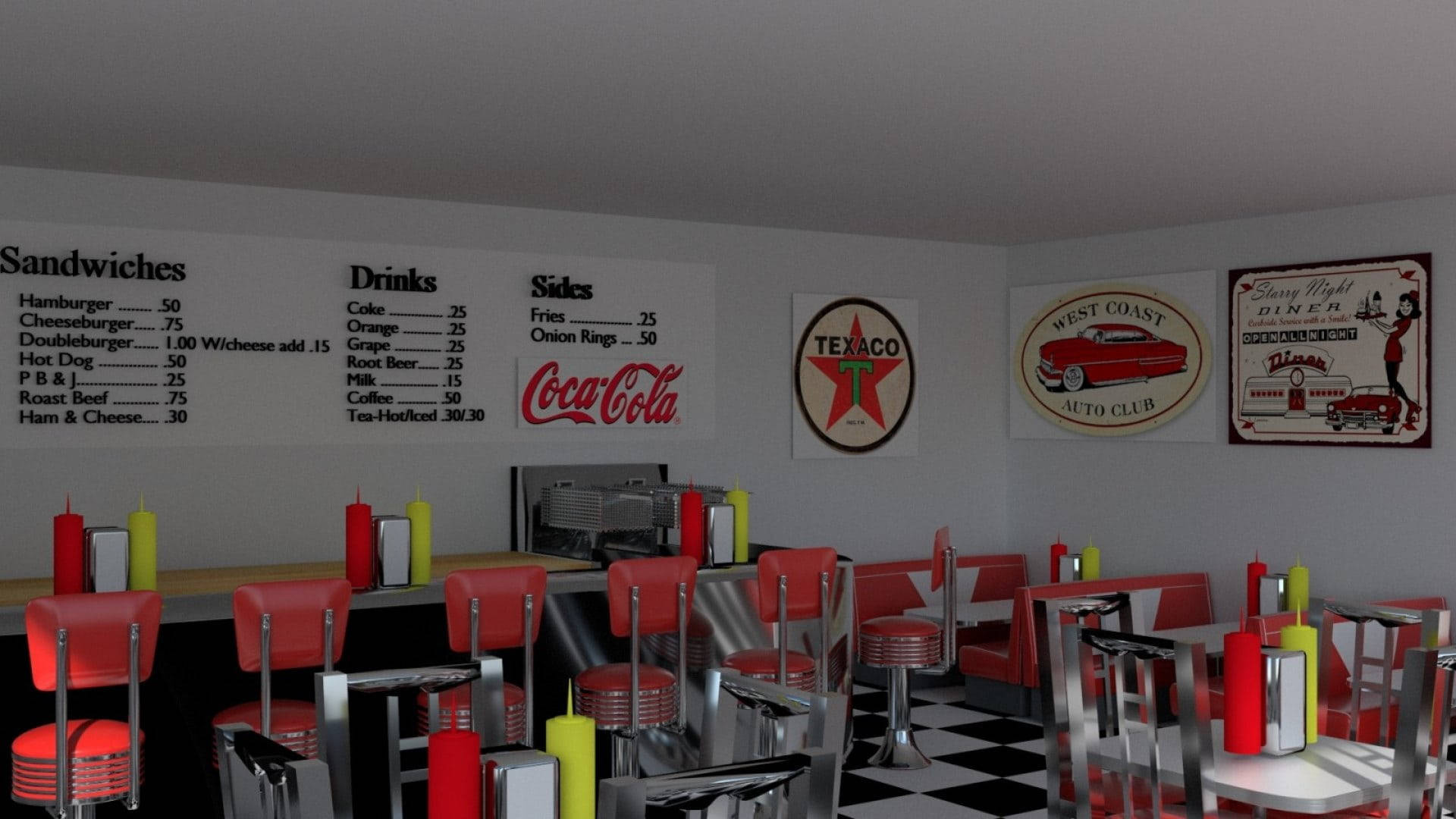 1950s diner, red stools, chrome tables, Full HD Desktop Wallpaper