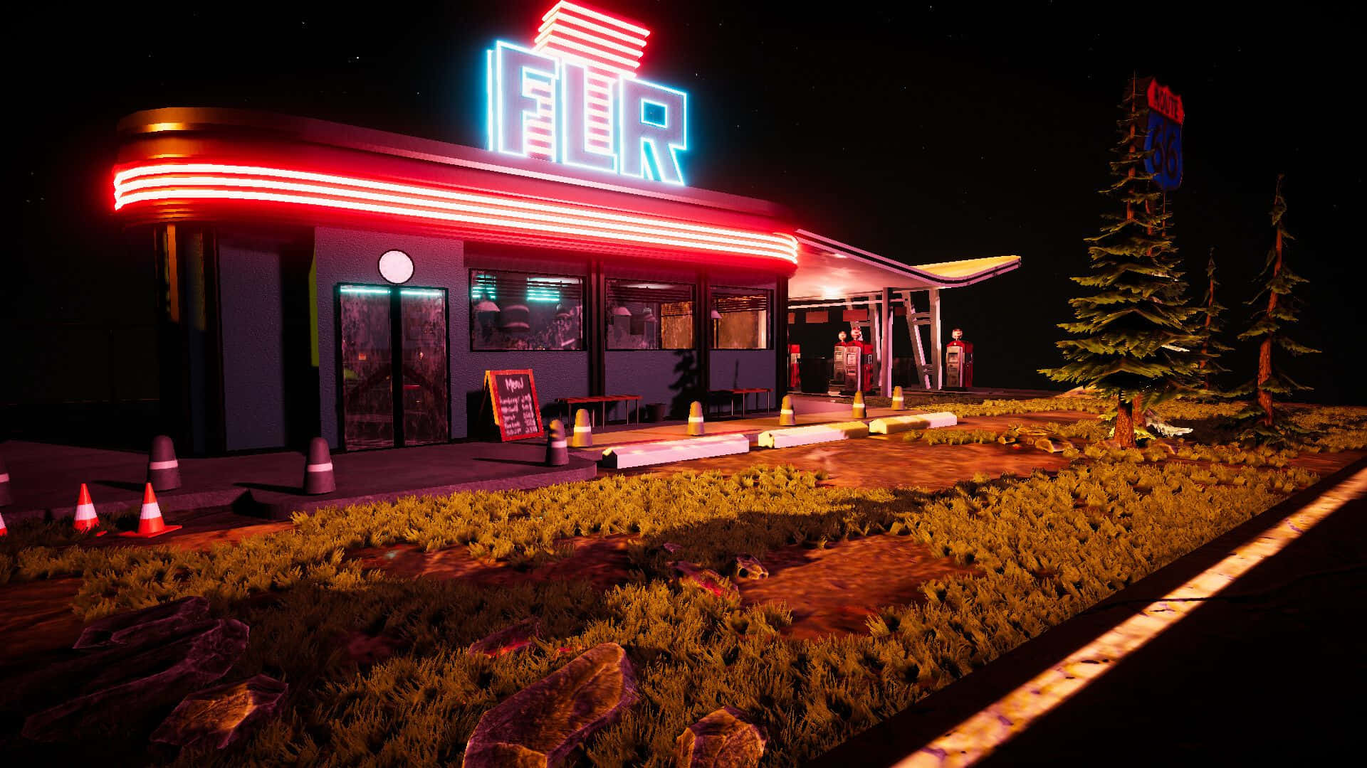 retro diner, glowing red neon sign, night, Full HD Desktop Wallpaper