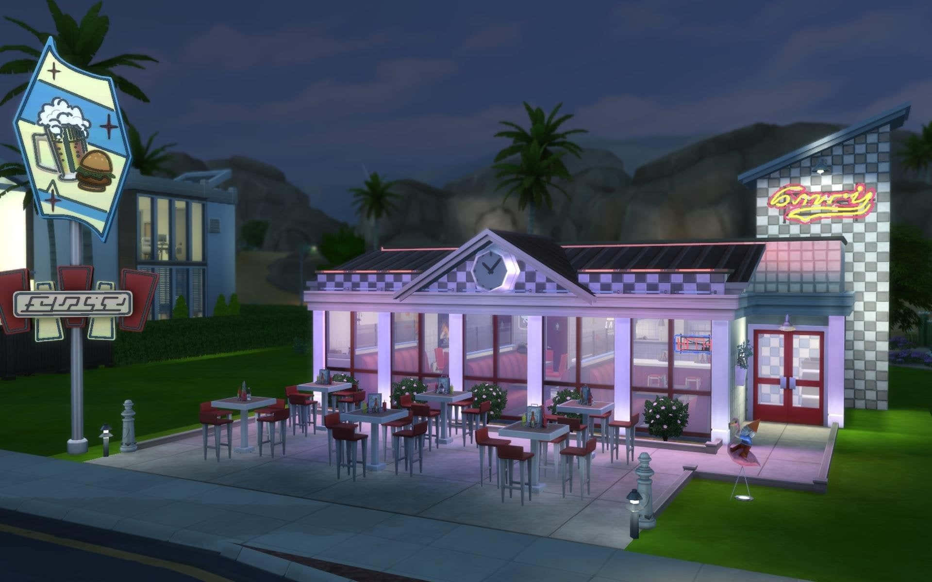 retro diner, twilight sky, palm trees, Full HD Desktop Wallpaper